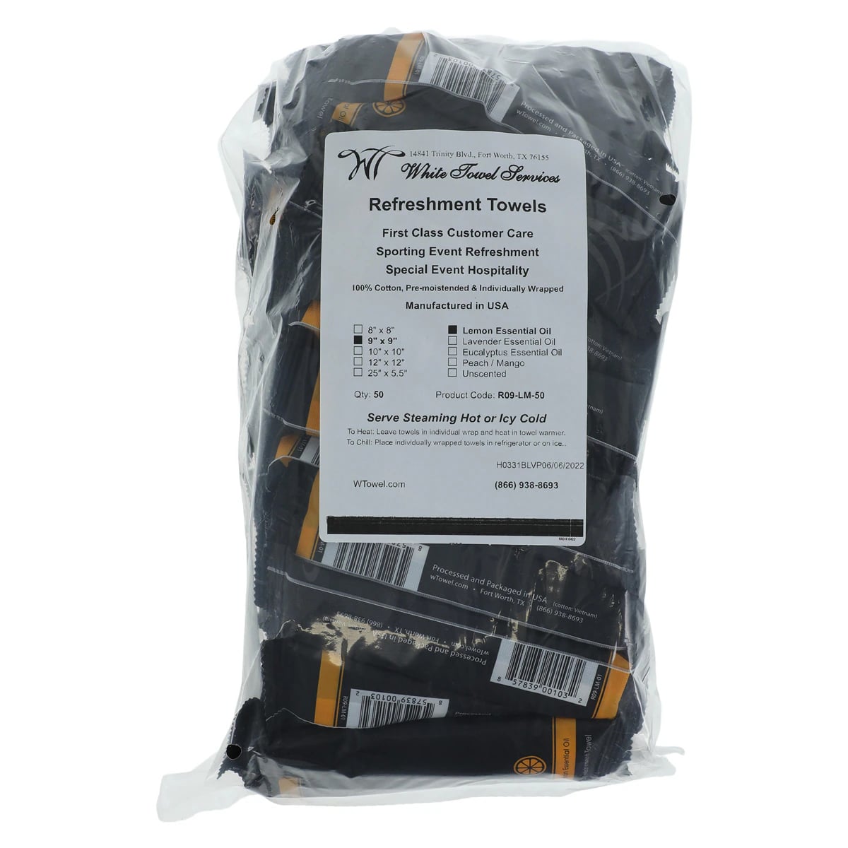 White Towel Services Cotton Aromatherapy Refreshment Towels, Lemon Scented, 9" x 9", 500/Case, R09-LM-500
