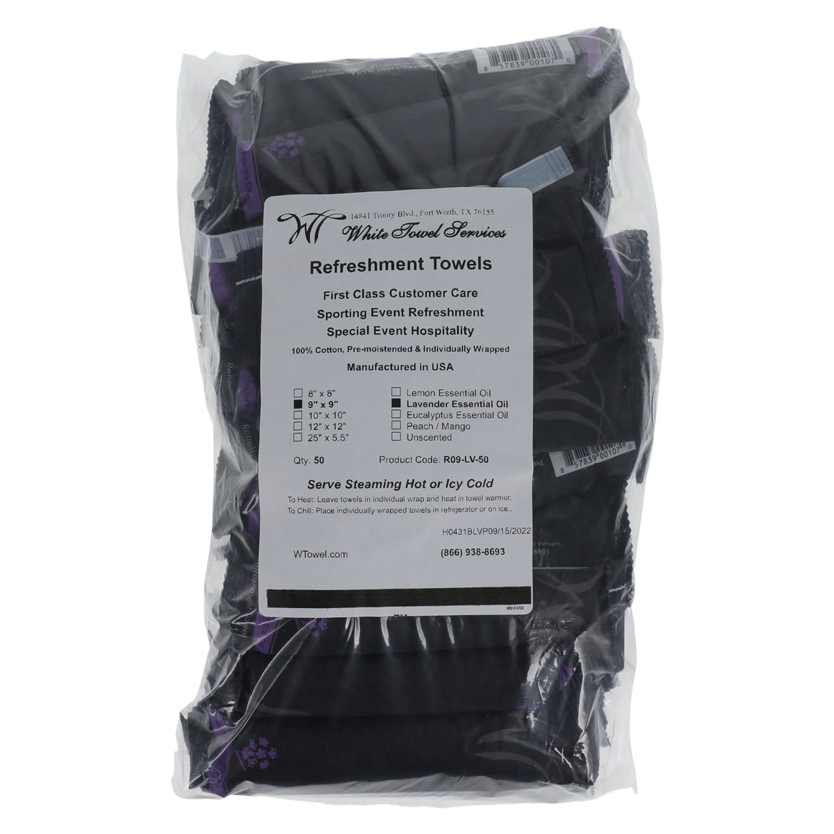 White Towel Services Refreshment Towels, 100% Cotton Aromatherapy, Lavender Scented, 9" x 9", 500/Case, R09-LV-500