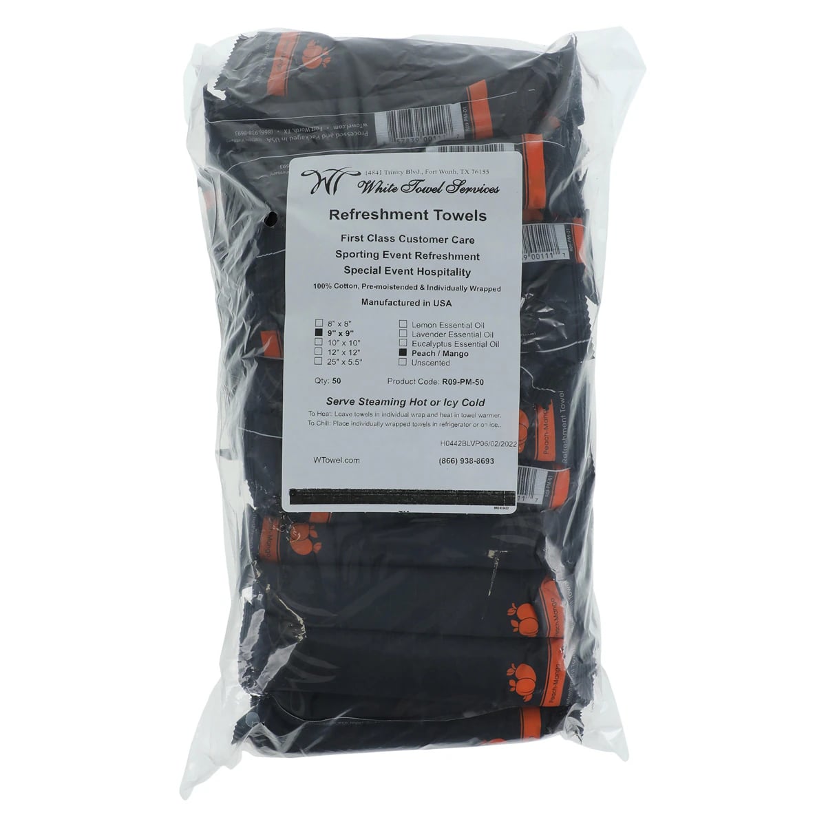 White Towel Services Cotton Aromatherapy Refreshment Towels, Peach Mango Scented, 9" x 9", 500/Case