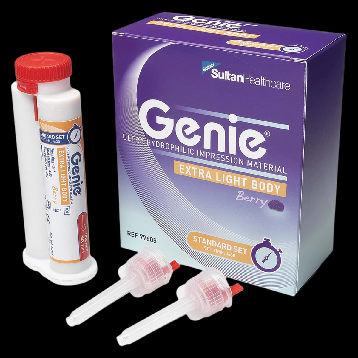 Genie VPS Impression Material, Extra Light Body, Regular Set, Berry Flavor, 2 x 50 mL Cartridges with Mixing and Intraoral Tips
