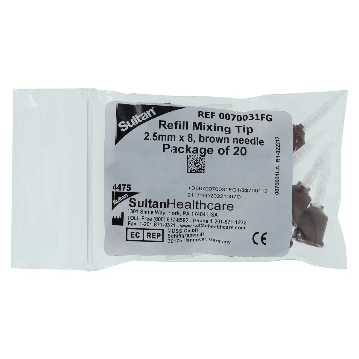 Sultan Versa-Temp Brown Mixing Tips, 2.5mm x 8, for 4-5 mL Syringes/Cartridges, 20/Pkg