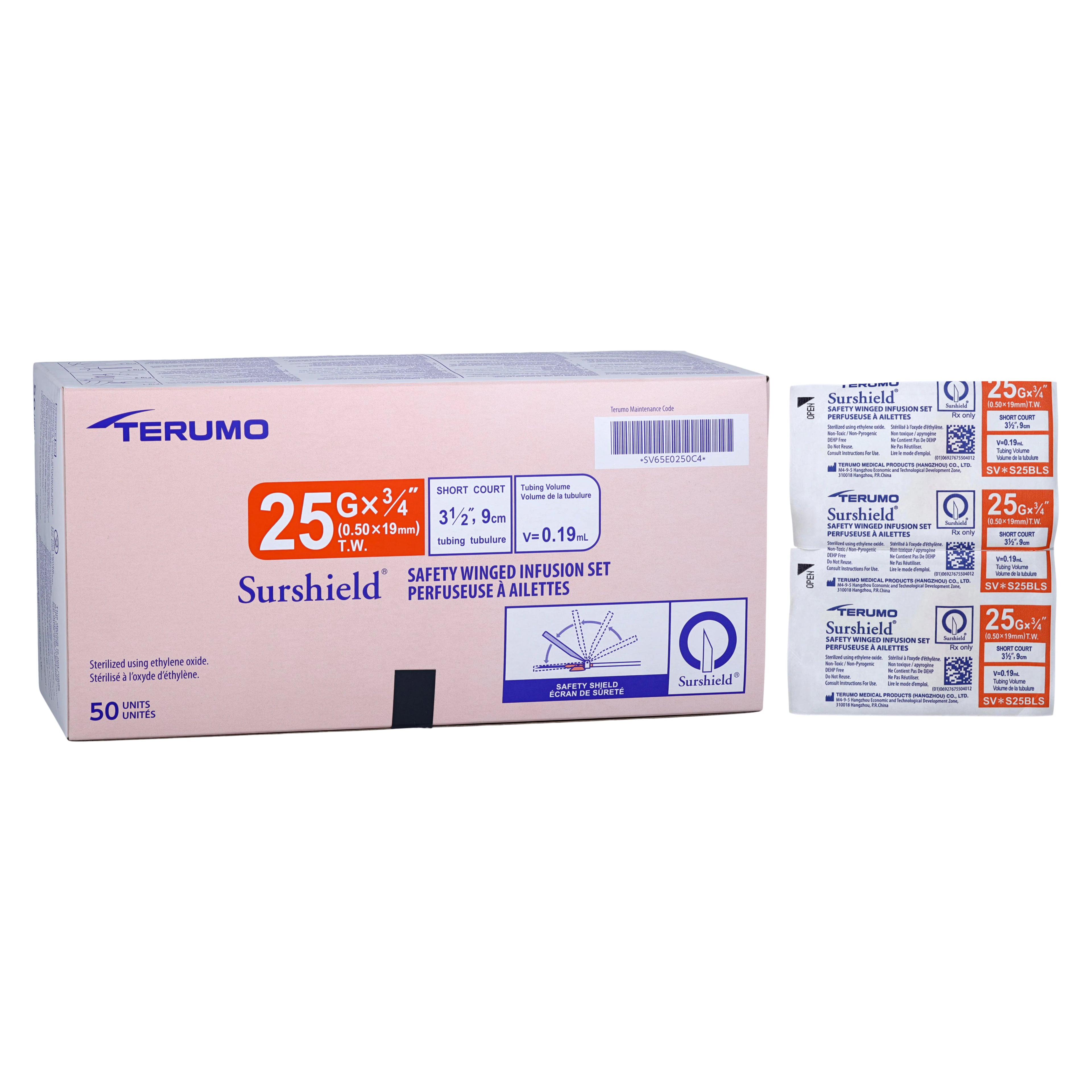Terumo Safety Wing Infusion Set, 25 Gauge, 3/4" Bevel, 3-1/2" Tubing, Sterile, Non-DEHP, Latex-Free, 50/Box