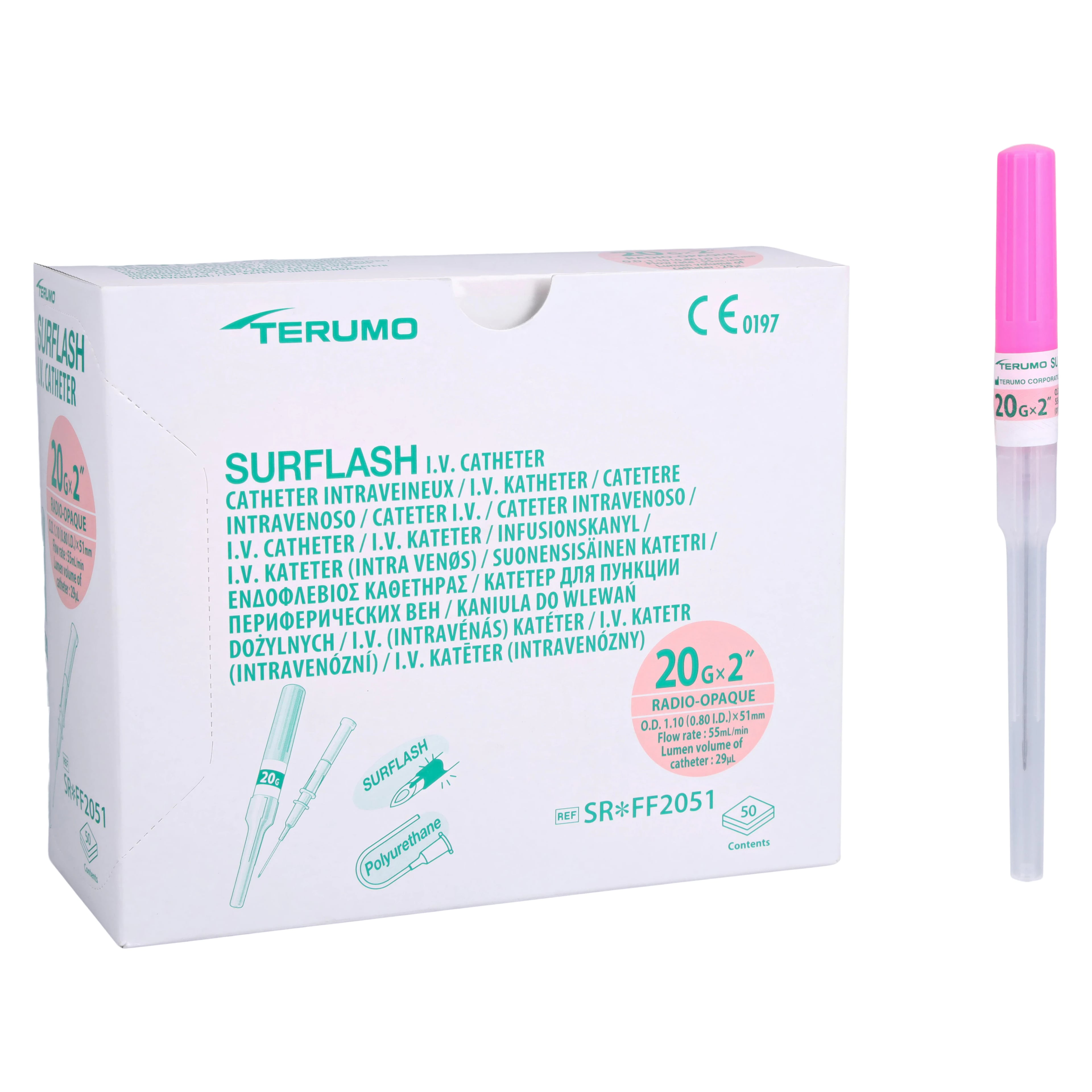 Terumo SurFlash IV Catheter, 20 Gauge, 2" Length, Polyurethane, Sterile, Latex-Free, Pink, 50/Box