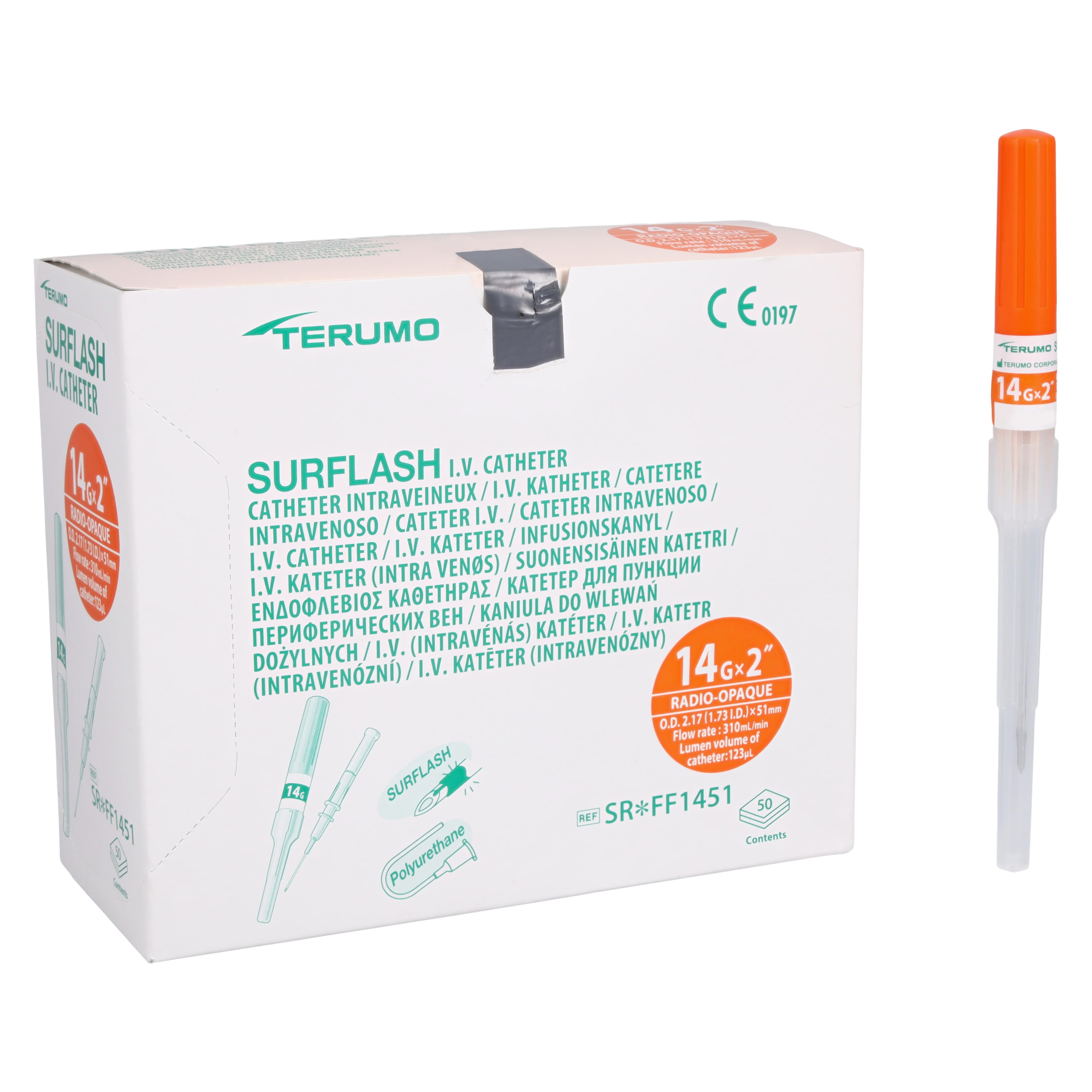 Terumo SurFlash IV Catheter, 14 Gauge, 2" Length, Polyurethane, Sterile, Latex-Free, Orange, 50/Box