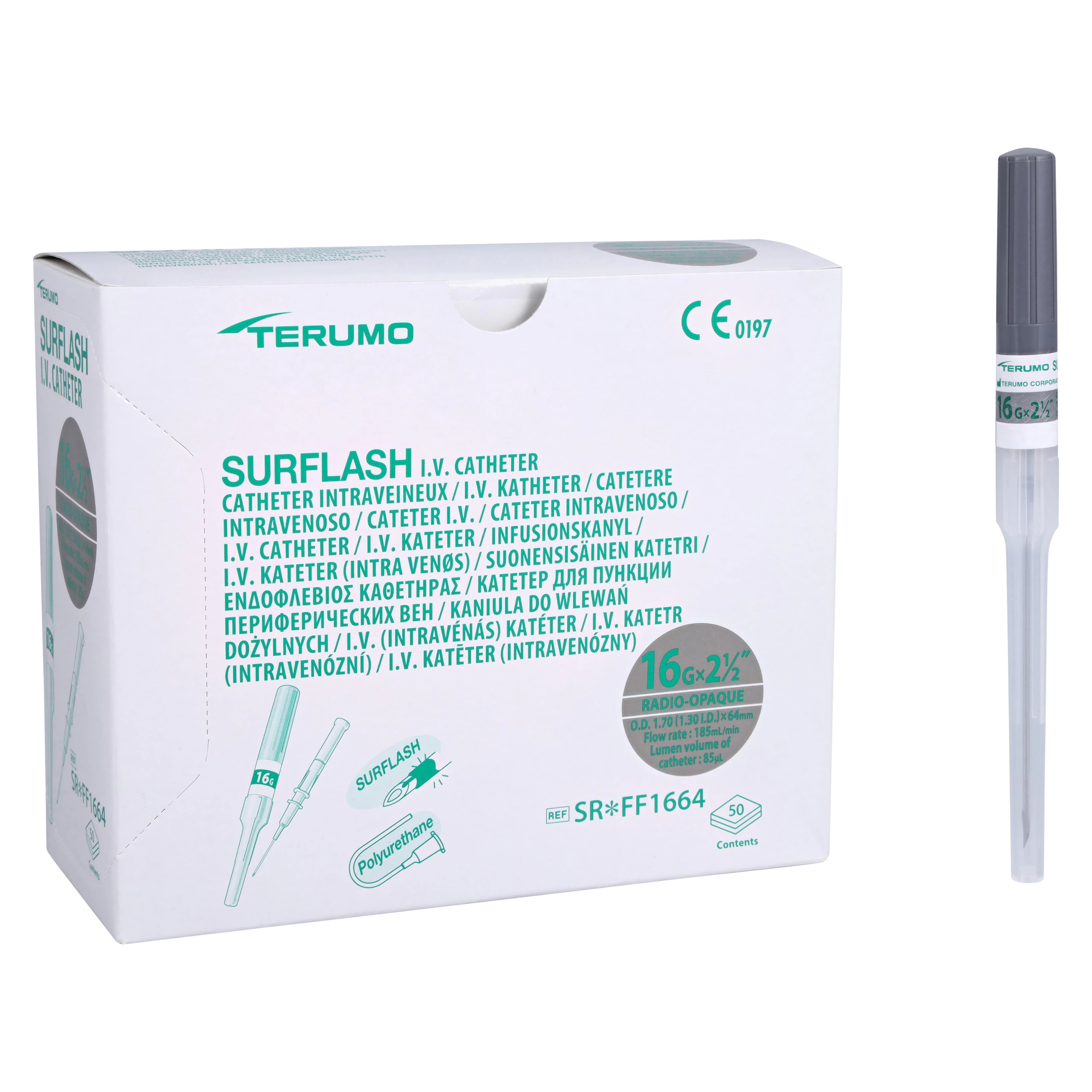 Terumo SurFlash IV Catheter, 16 Gauge, 2-1/2", Polyurethane, Sterile, Latex-Free, Gray, 50/Box