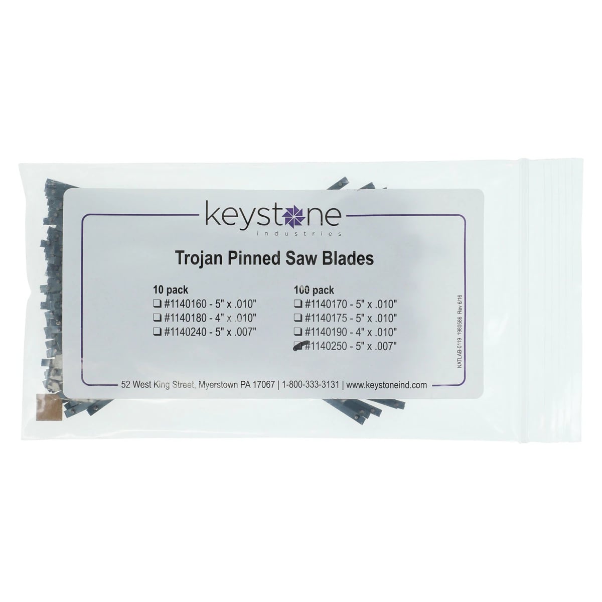 Keystone Pinned Saw Blades, 5" Length, 0.110" Width, 0.007" Thick, Blue, 18 TPI, 100/Pkg, 1140250