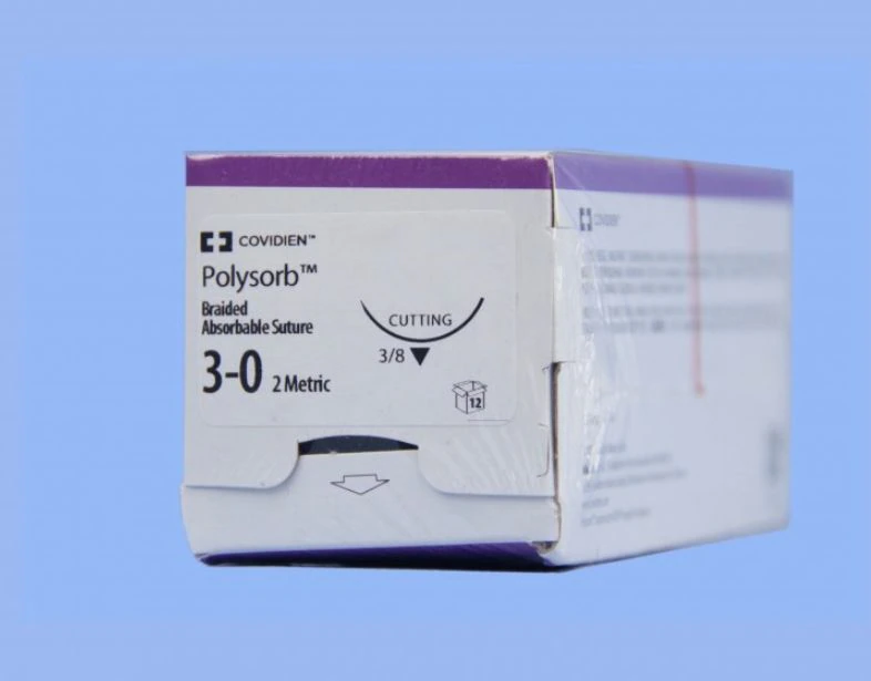 Medtronic Polysorb Suture, 3-0, 30" Polyester Braid, Absorbable, P-14 Premium Reverse Cutting 3/8 Circle Needle 24mm, Coated, Undyed, 12/Case