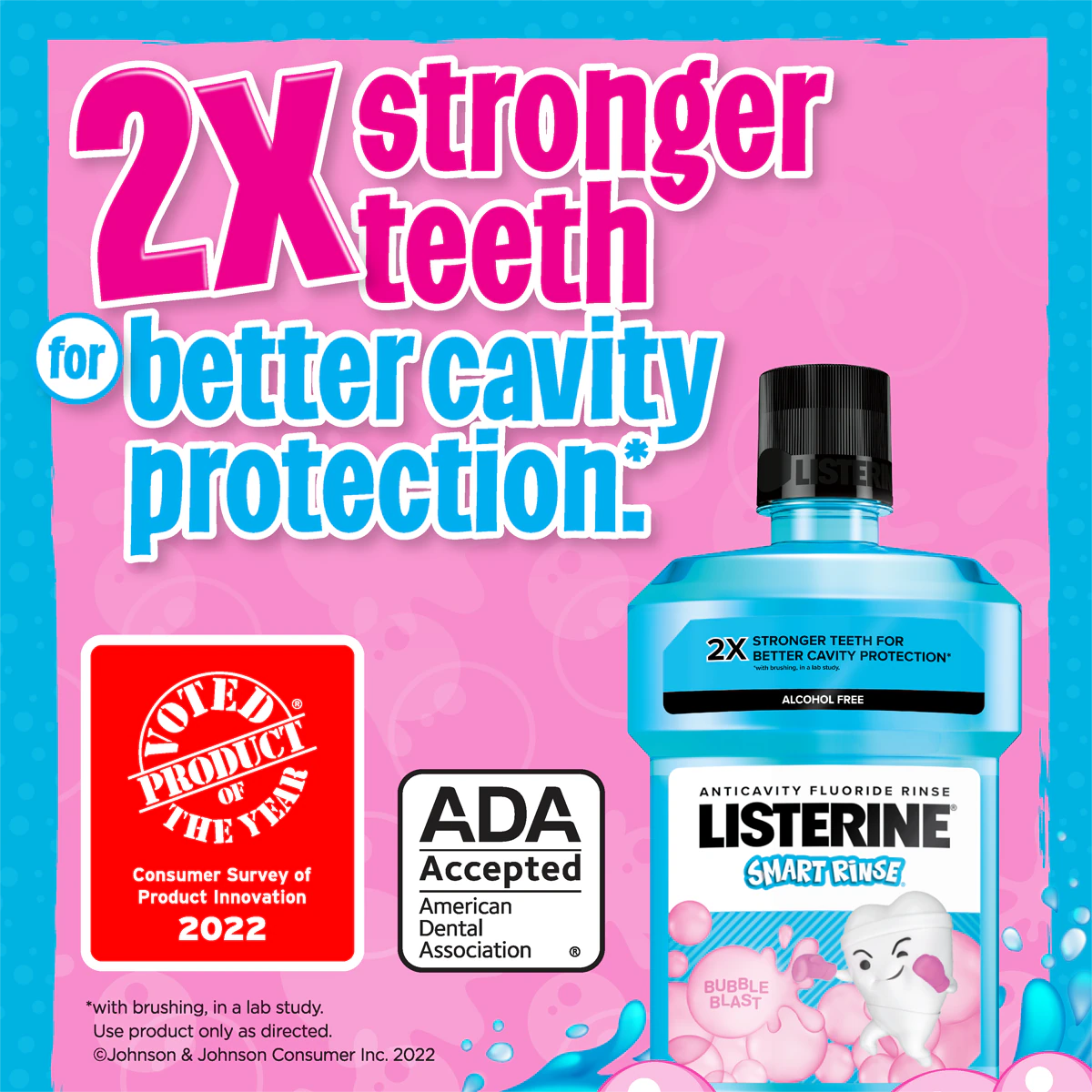 Listerine Smart Rinse Anti-Caries Bubble Gum Mouthwash, Alcohol Free, Fluoride, 500 mL, 6/Case