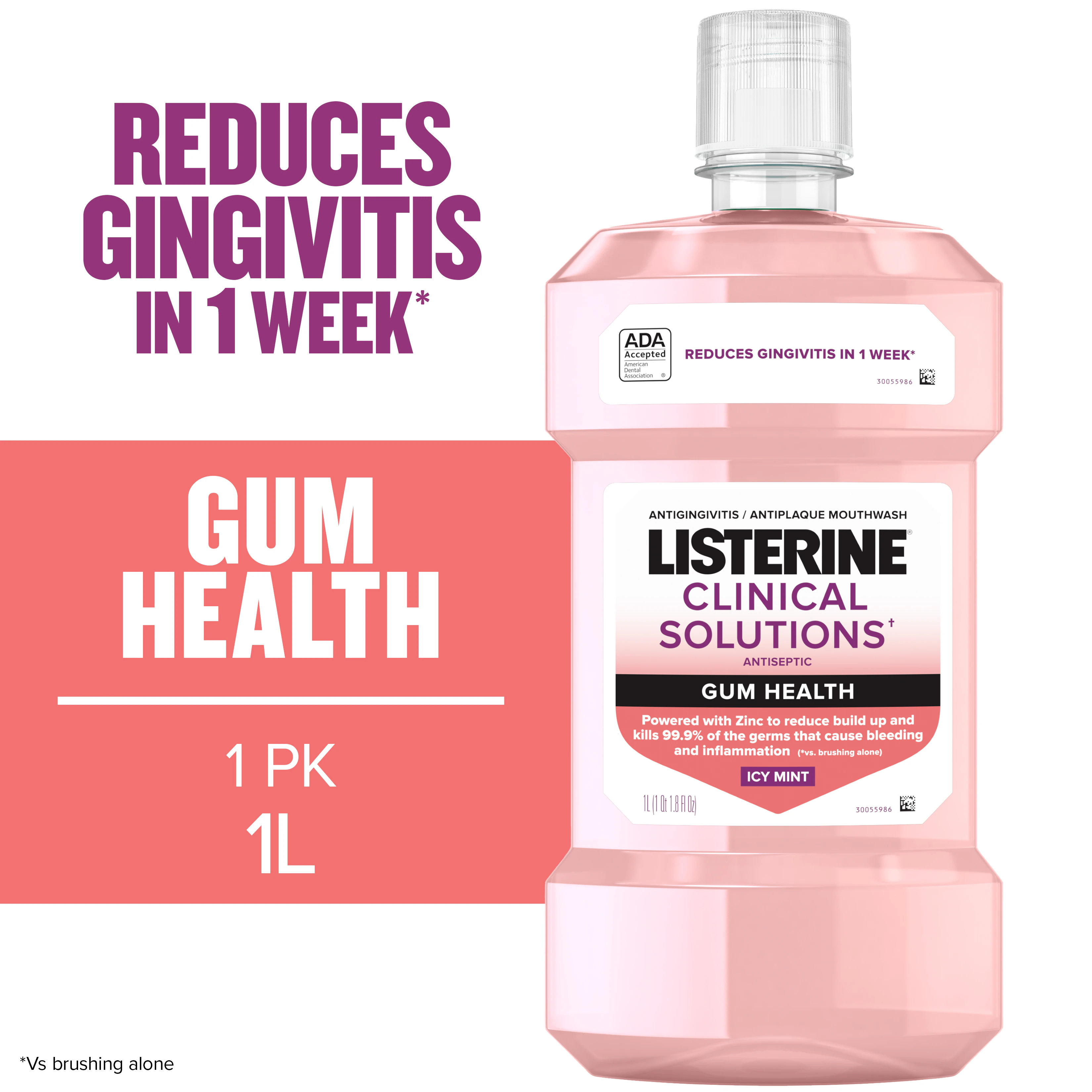 Listerine Clinical Solutions Gum Health Antigingivitis Mouthwash, Icy Mint, 1 L Bottle, 6/Case