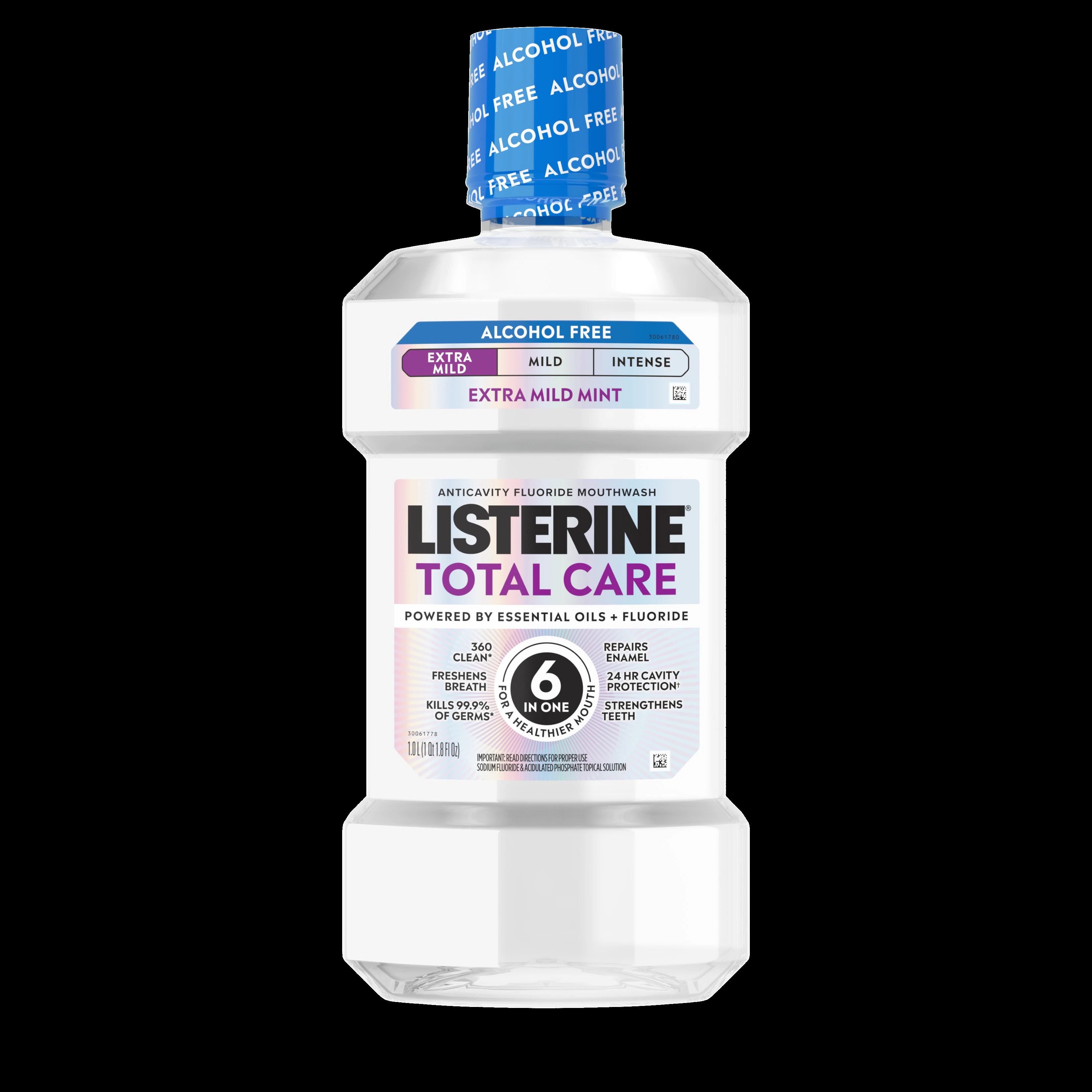 Listerine Total Care Alcohol-Free Anticavity Fluoride Mouthwash, Dye-Free, Extra Mild Mint, 1L (33.8 oz), Case of 6