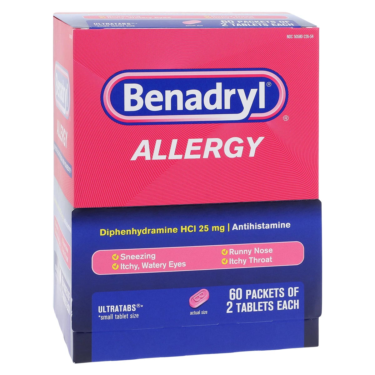 Benadryl Allergy Ultratabs 25 mg Antihistamine Tablets, 60 Go Packs of 2 (120 Tablets/Box)