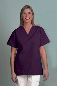 Fashion Seal Fashion Poplin Scrub Shirt, V-Neck, Short Sleeve, Women's, Large, Eggplant, 2 Pockets with Scissor Holder