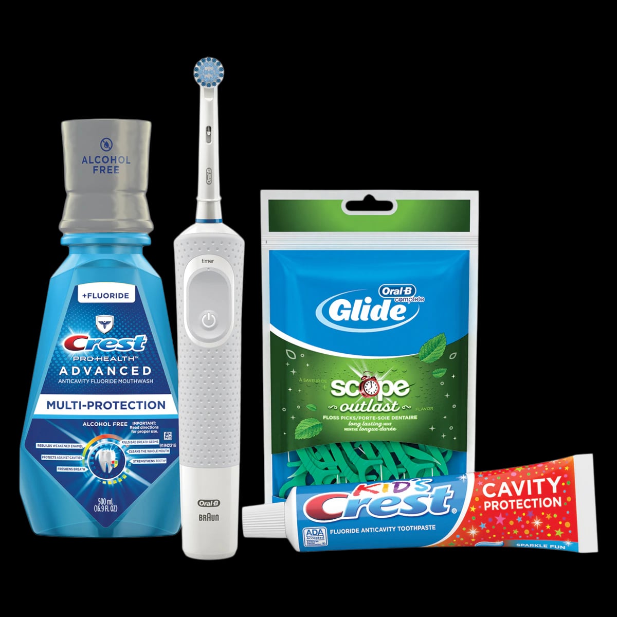 Crest Oral-B Kids 6+ Years Rechargeable Toothbrush Bundle (3/Case) – Oral-B Pro 300, 2 Sensitive Gum Care Heads, Toothpaste, Mouthwash, Floss Picks, and Bag