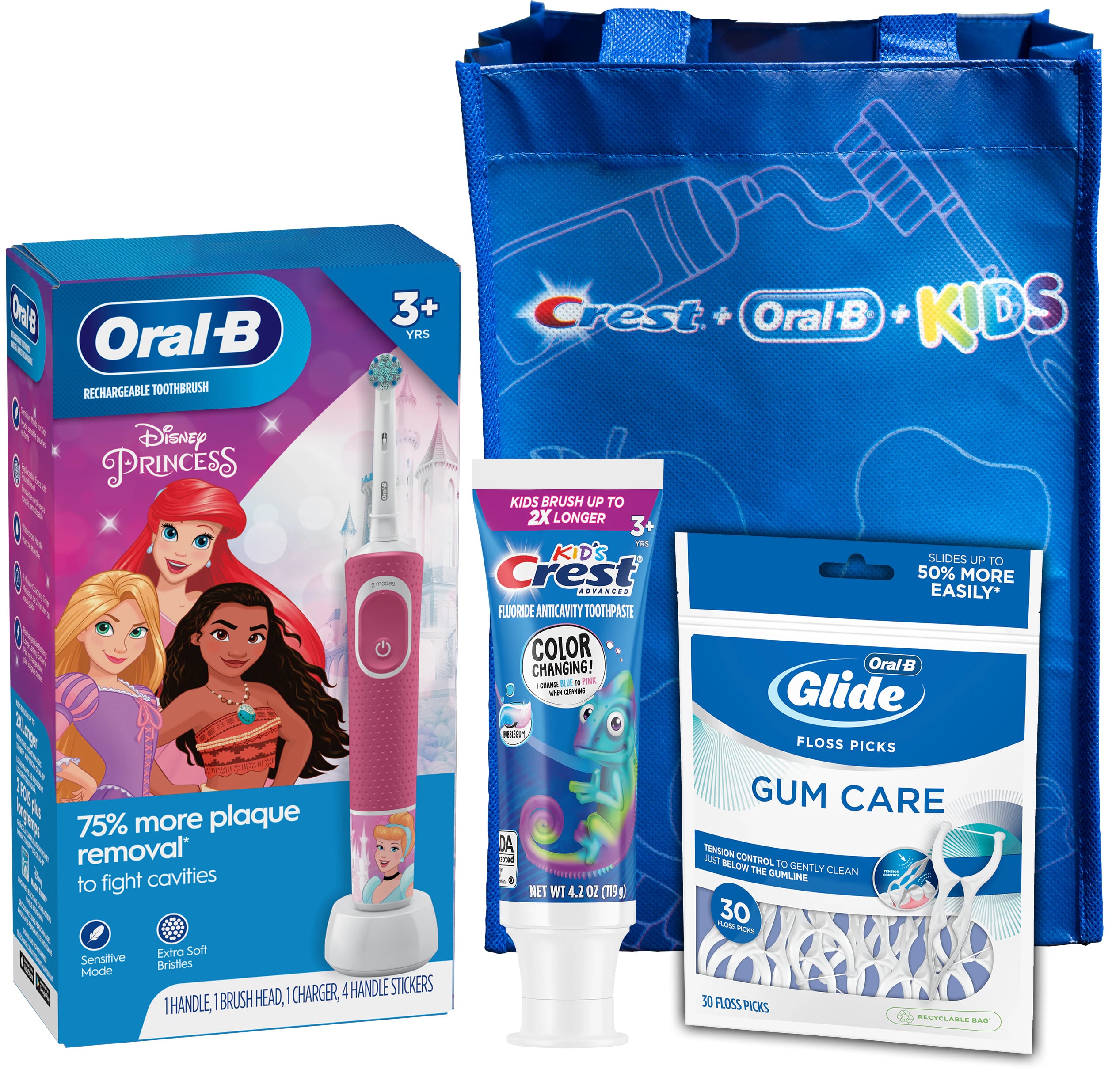 Oral-B Kids 3+ Electric Toothbrush Bundle (Disney Princess Moana), Crest Kids Advanced Color Changing Toothpaste Bubble Gum 4.2 oz, Oral-B Glide Gum Care Floss Picks 30 ct, FREE Kids Bag, 3/Case (Old #s 80347216, 83529416)