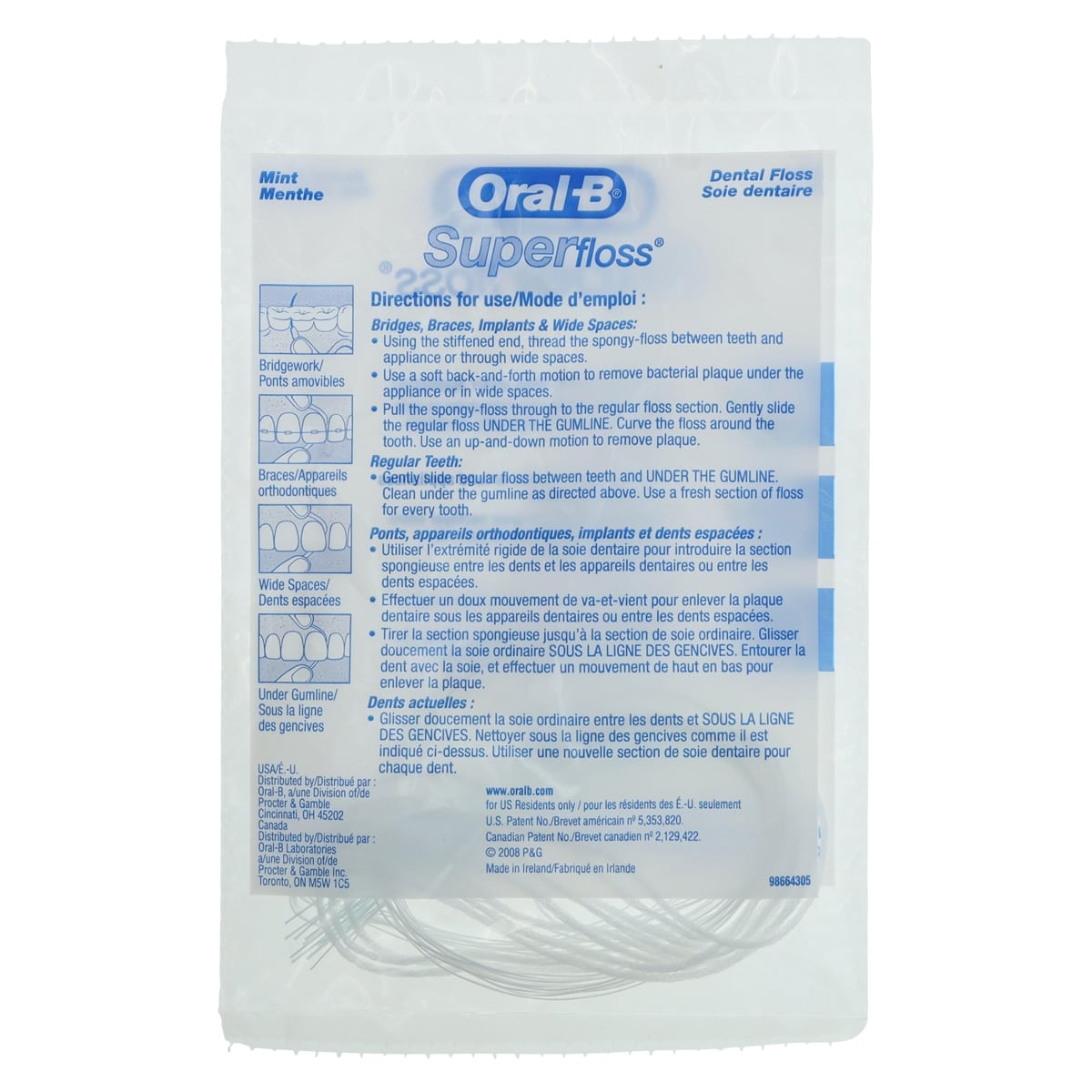 Oral-B SuperFloss Trial Pack, Mint, Pre-Measured, 10 Strands/Bag, 100 Bags/Box, 13265220