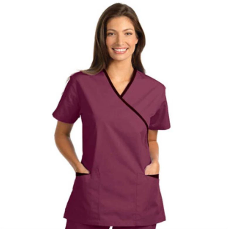 Fashion Seal Healthcare® Ladies' Cross-Over Tunic with Contrasting Trim, Burgundy/Black, Extra Small, 7001