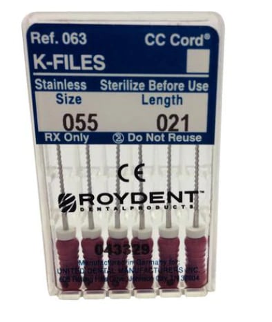 Roydent K-Files Stainless Steel with Silicone Stops, Size 55, 21mm, Red, 6/Pack, 06321055R