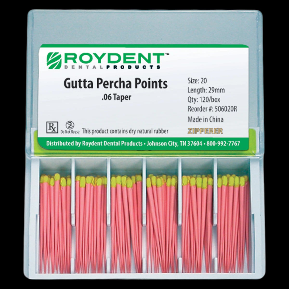 Roydent Gutta Percha Points, Color Coded, .06 Taper, Size 20, 28mm, 120/Box