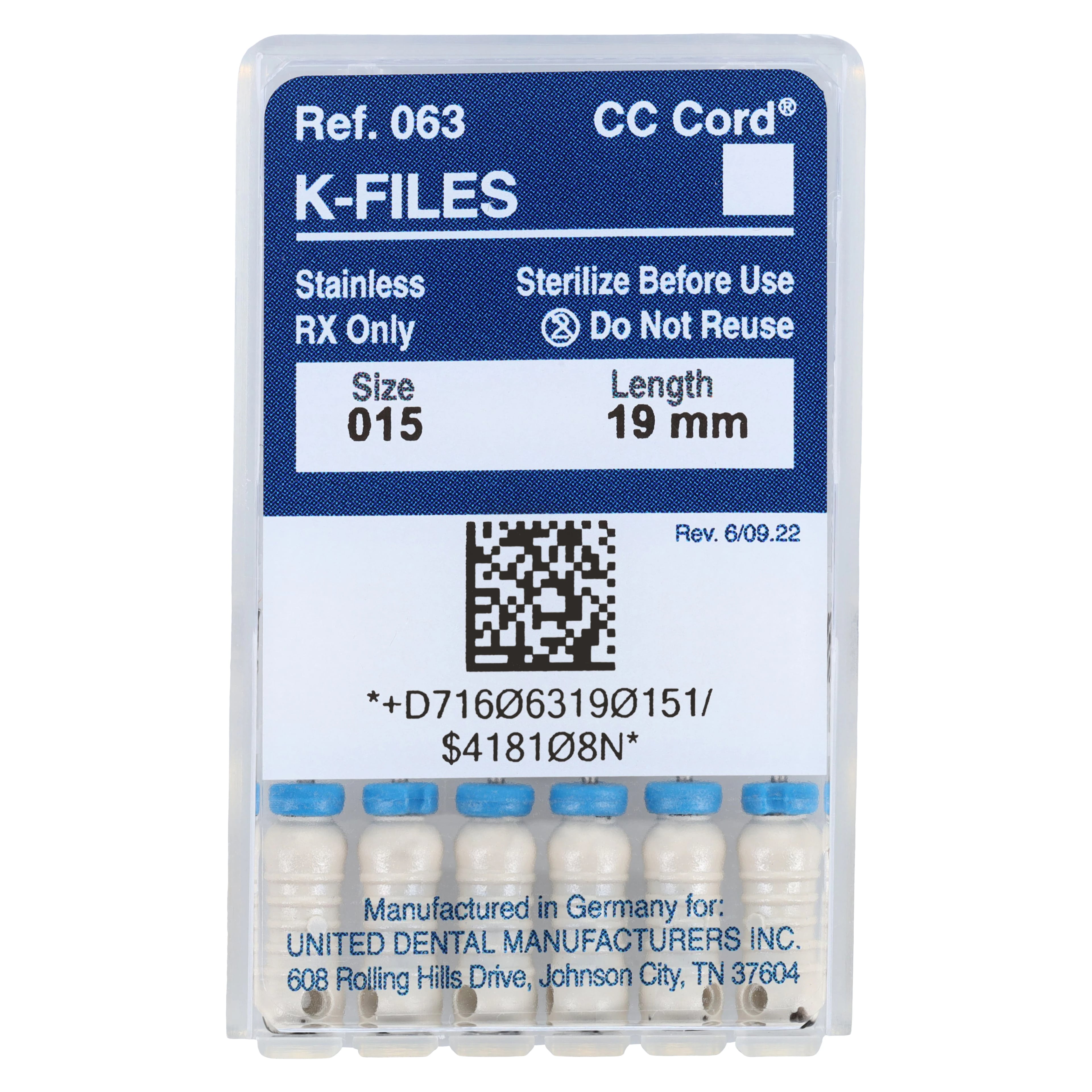 Roydent K-Type Files, Size #15, 19mm, Stainless Steel, White, 6/Pack, 06319015R