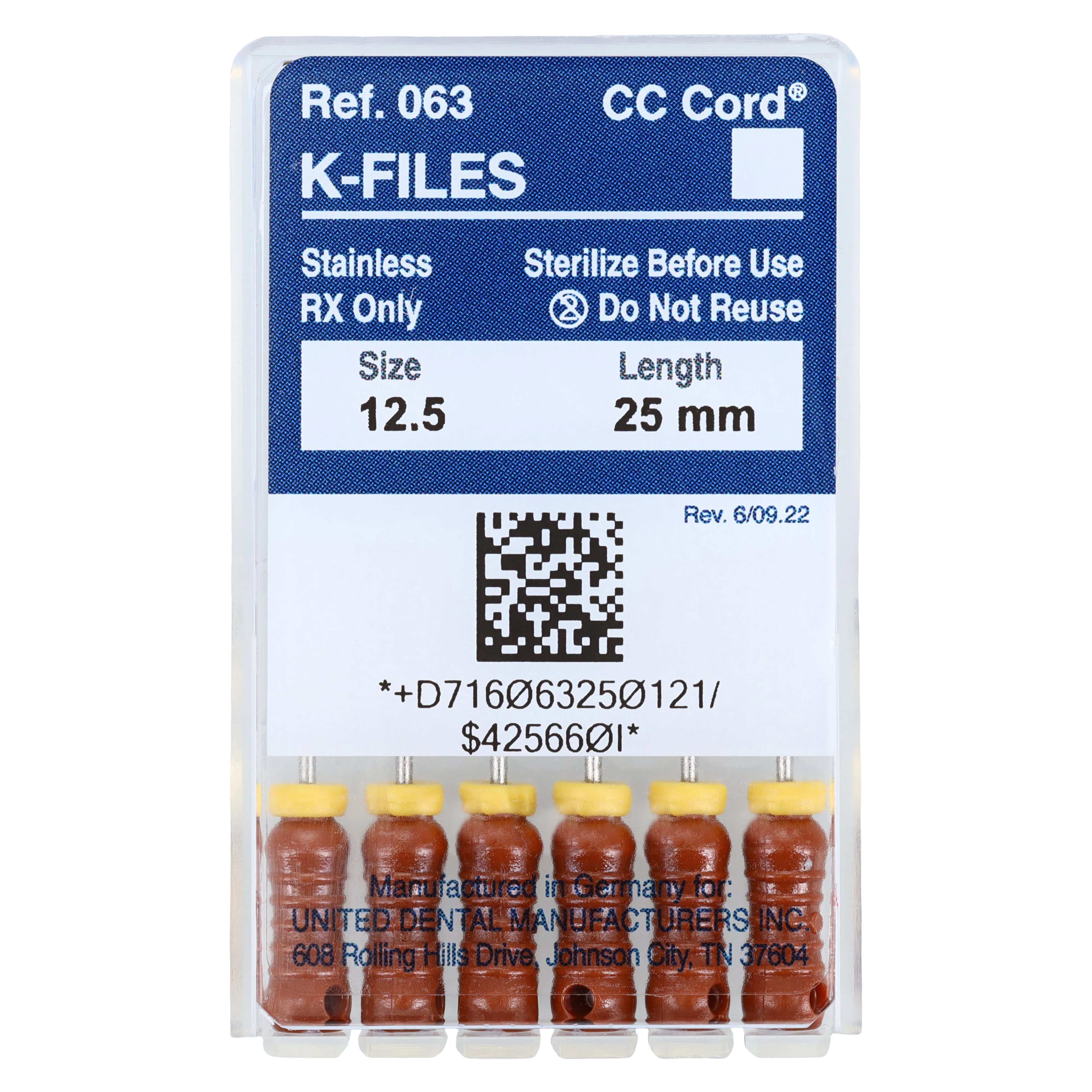 Roydent K-Type Files, 25mm, Size #12.5, Stainless Steel, Color-Coded Silicone Stops, 6/Pack, 06325012R