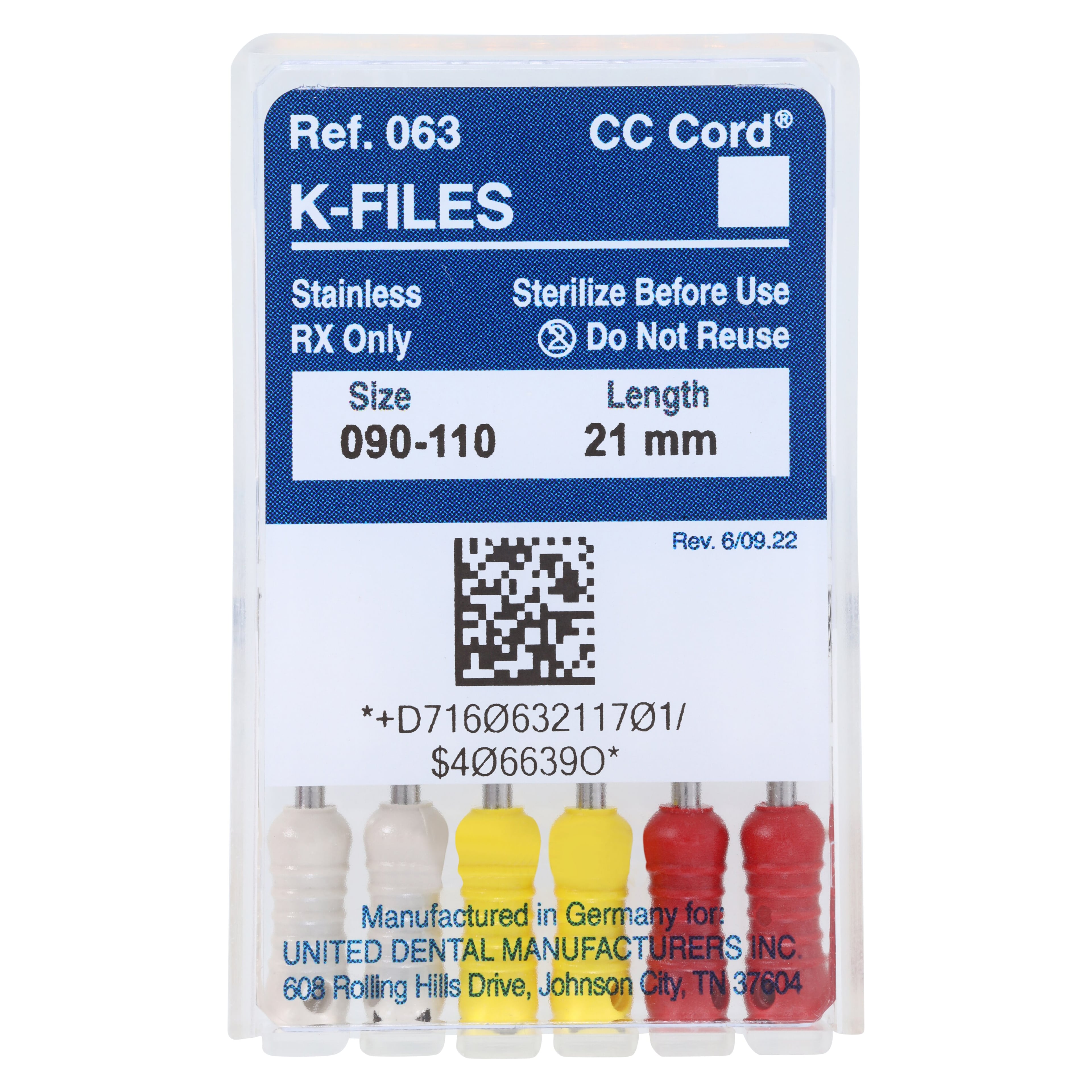Roydent K-Type Files, 21mm, Assorted #90-110, Stainless Steel, Color Coded, 6/Pack, 06321170R