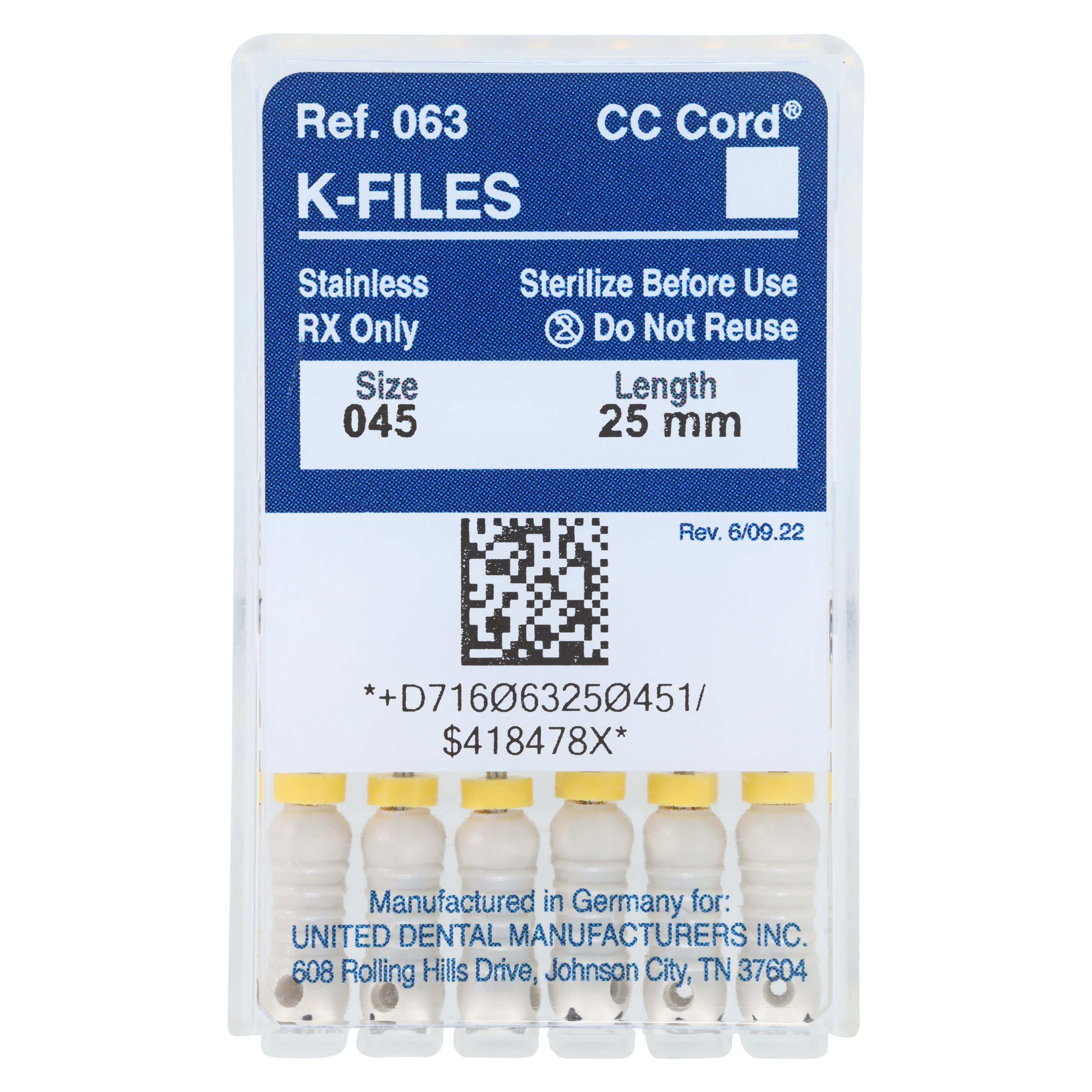 Roydent K-Type Files, Size 45, 25 mm, White, Stainless Steel, 6/Pack, 06325045R