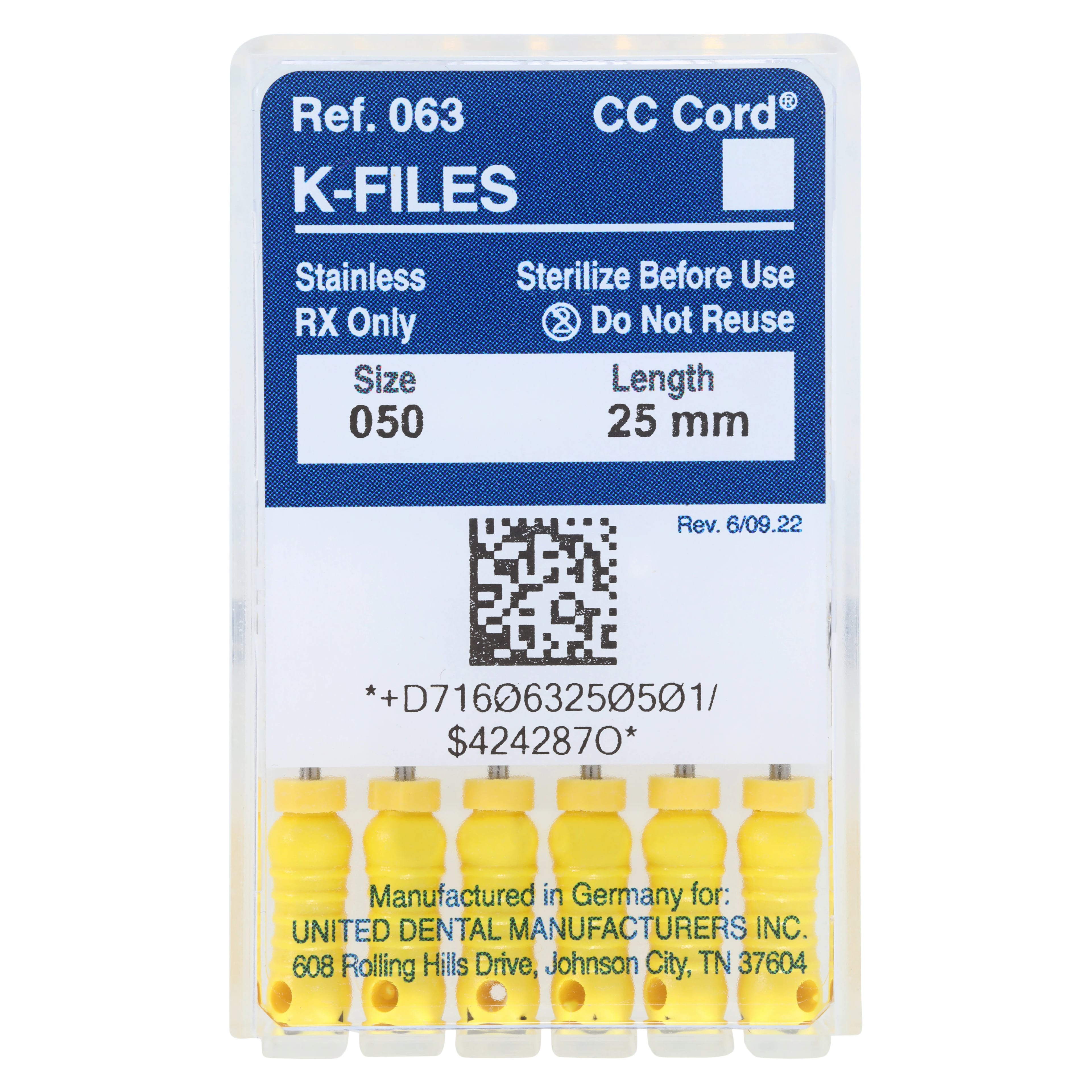 Roydent K-Type Files, Size #50, 25mm, Stainless Steel with Silicone Stops, Yellow, 6/Pack, 06325050R