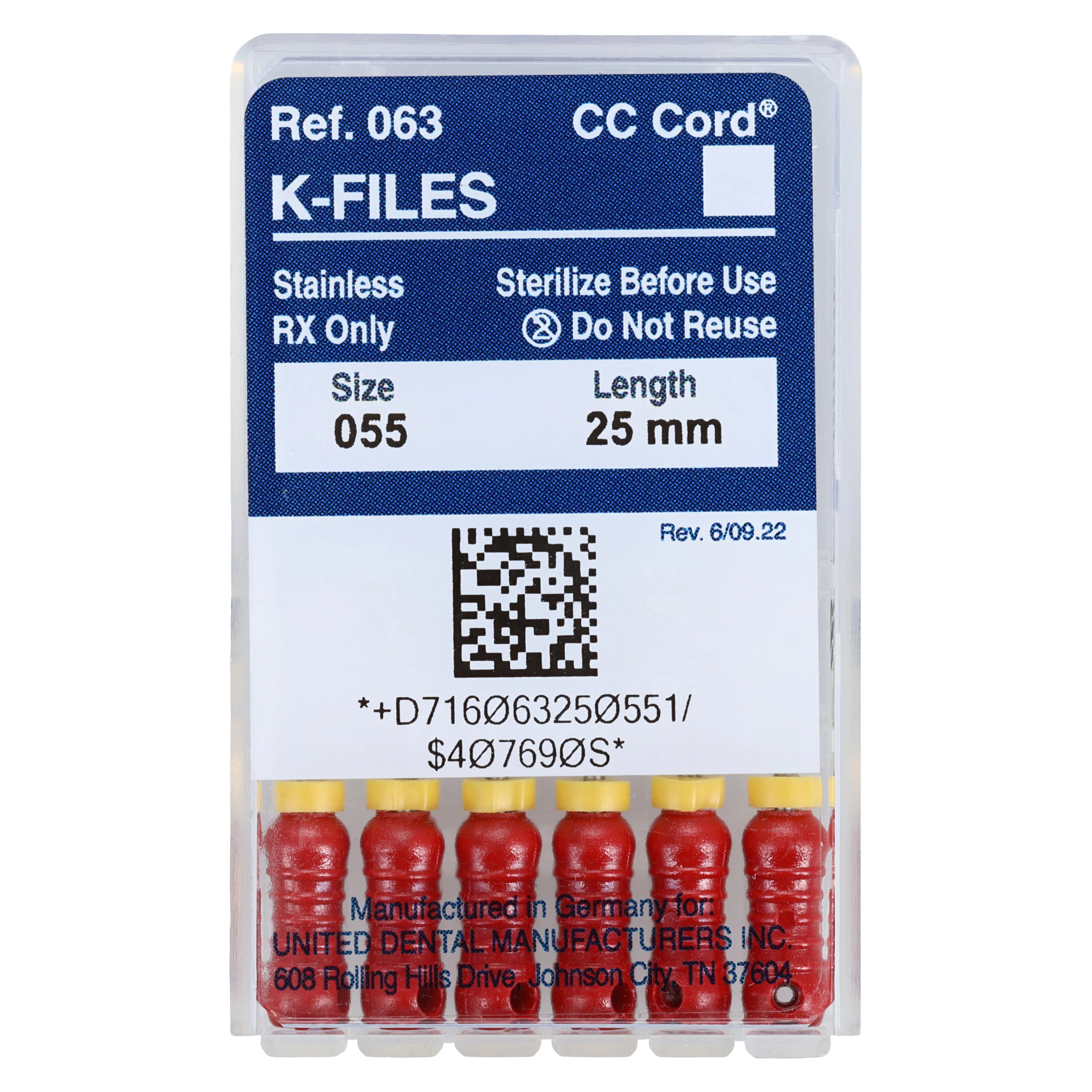 Roydent K-Type Files, Size 55, 25mm, Stainless Steel, Color-Coded Red, with Pre-Applied Silicone Stops, 6/Pack, 06325055R