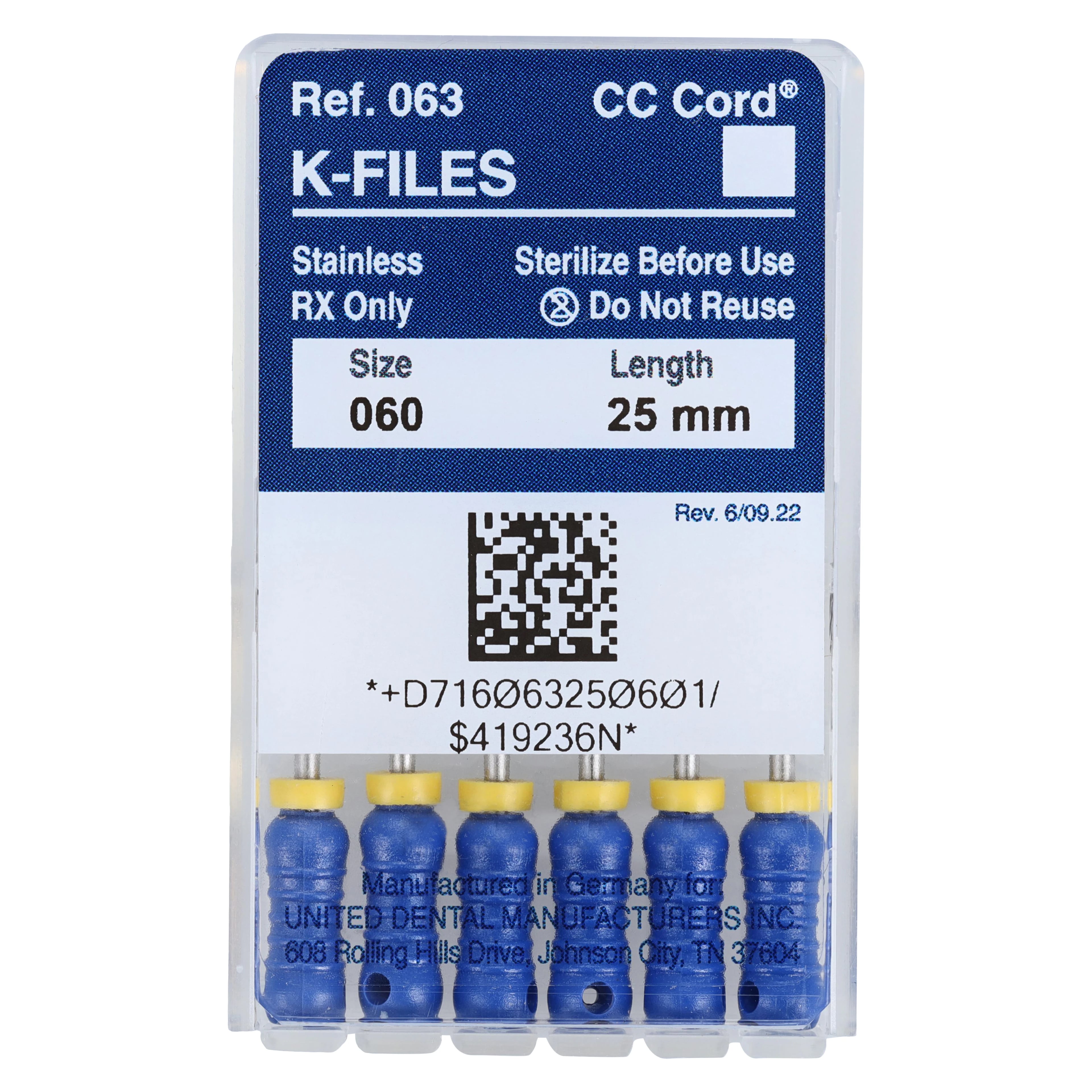 Roydent K-Type Endodontic Files, Stainless Steel, Size 60, 25mm, Blue, 6/Pack, 06325060R