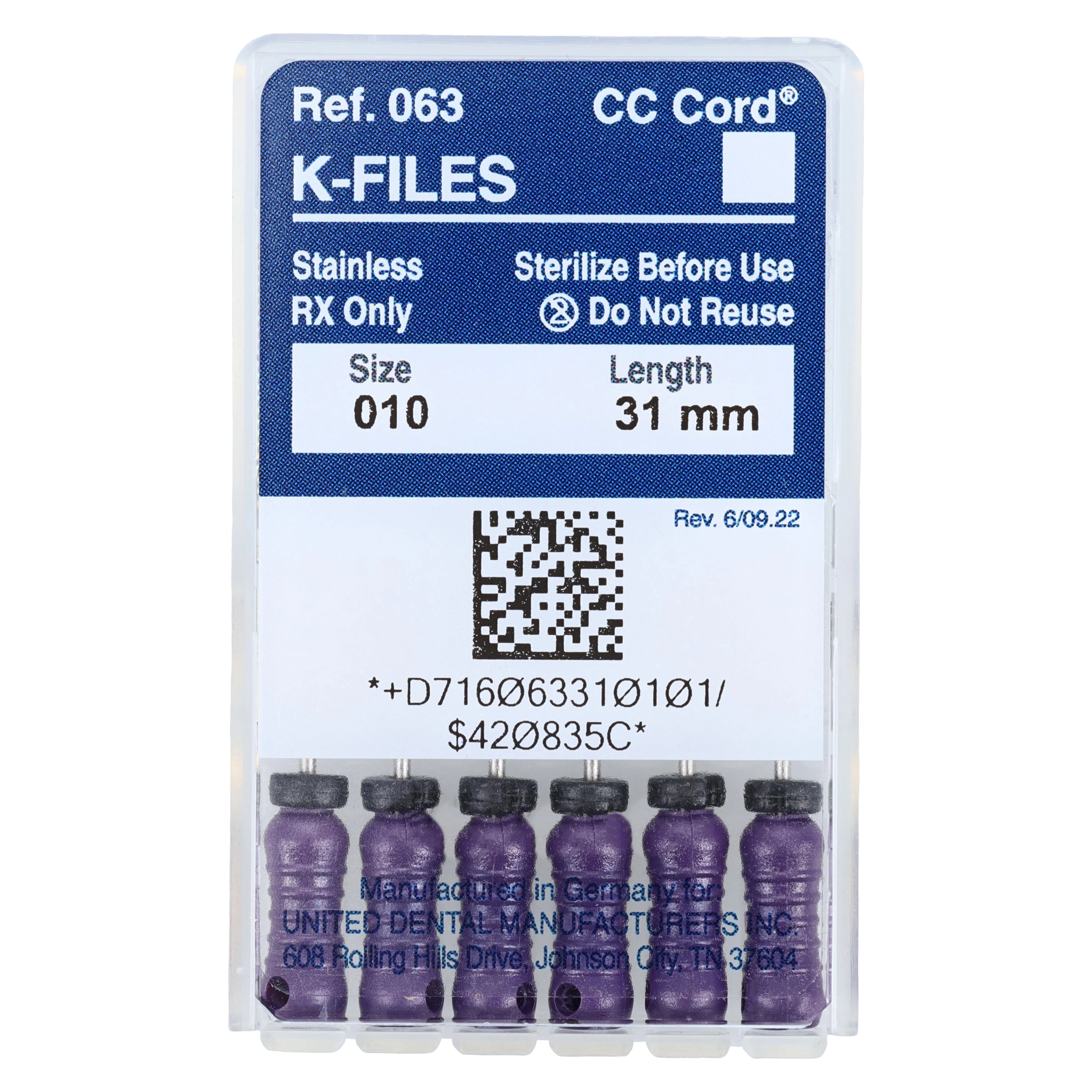 Roydent K-Type Files, Size #10, 31mm, Stainless Steel, Color-Coded Purple, 6/Pack, 06331010R