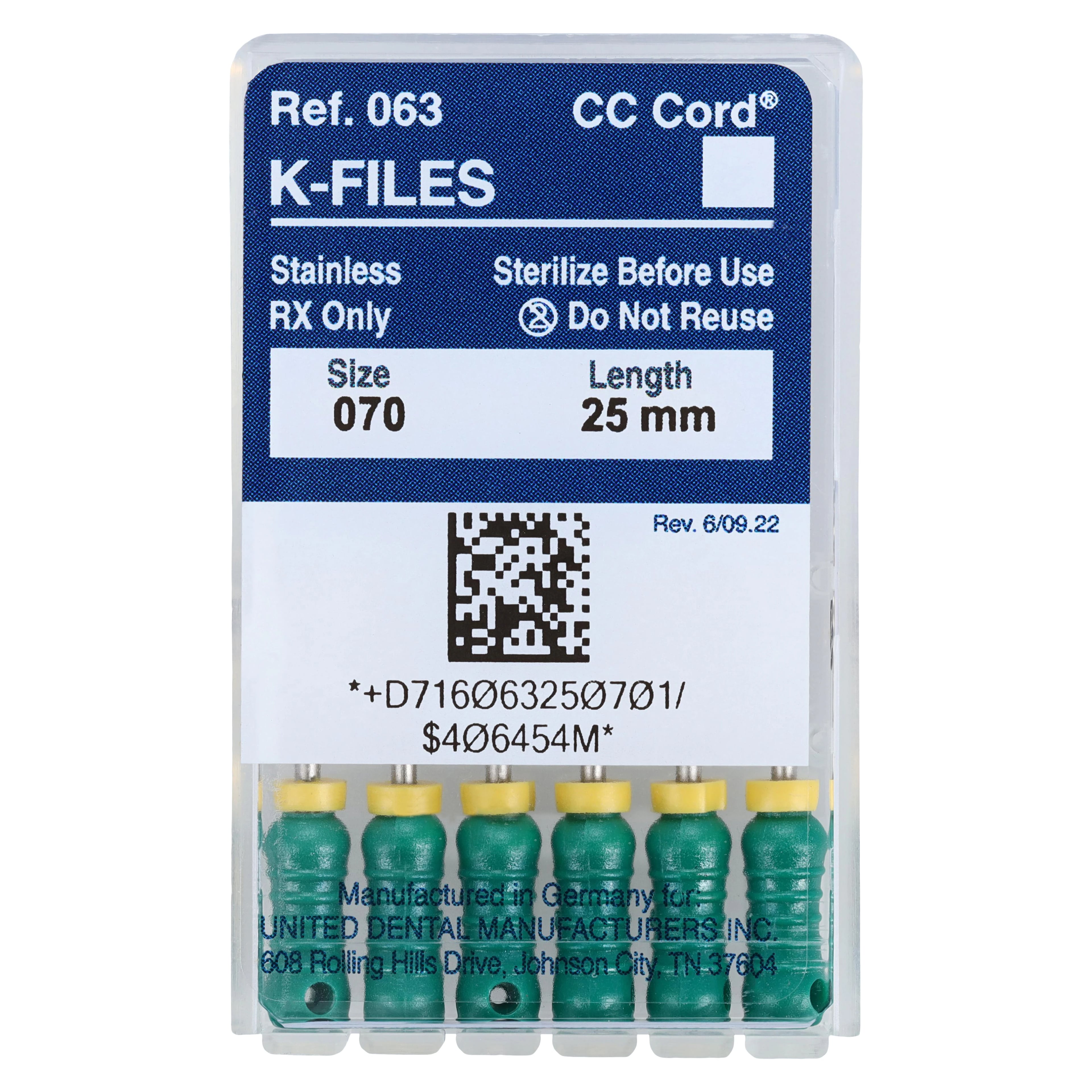 Roydent K-Files Stainless Steel with Silicone Stops, Size #70 (Green), 25mm, 6/Pack, 06325070R