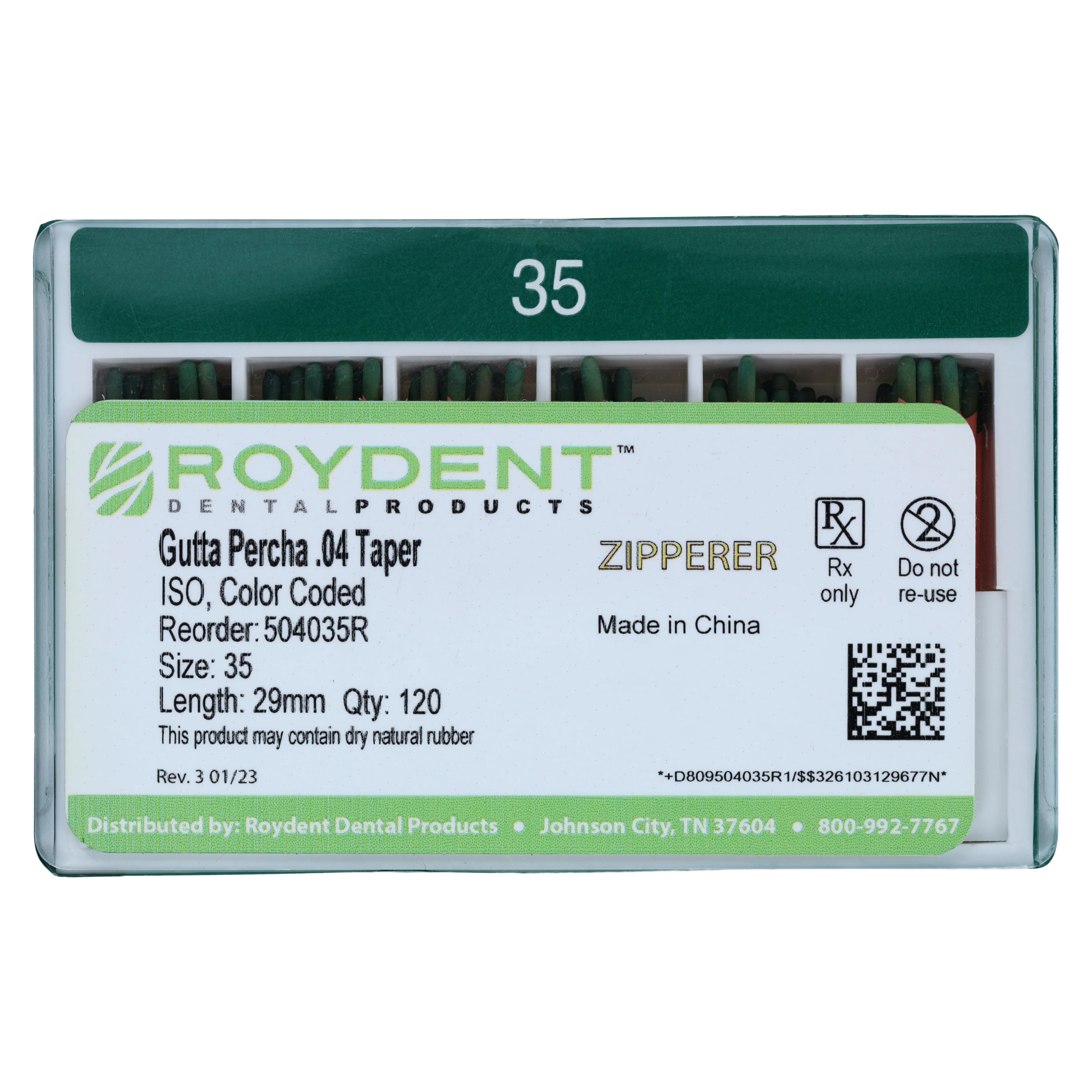 Roydent Gutta Percha CC Points, .04 Taper, Size 35, 28-29mm, Green, Hand Rolled, Cadmium Free, 120/Box