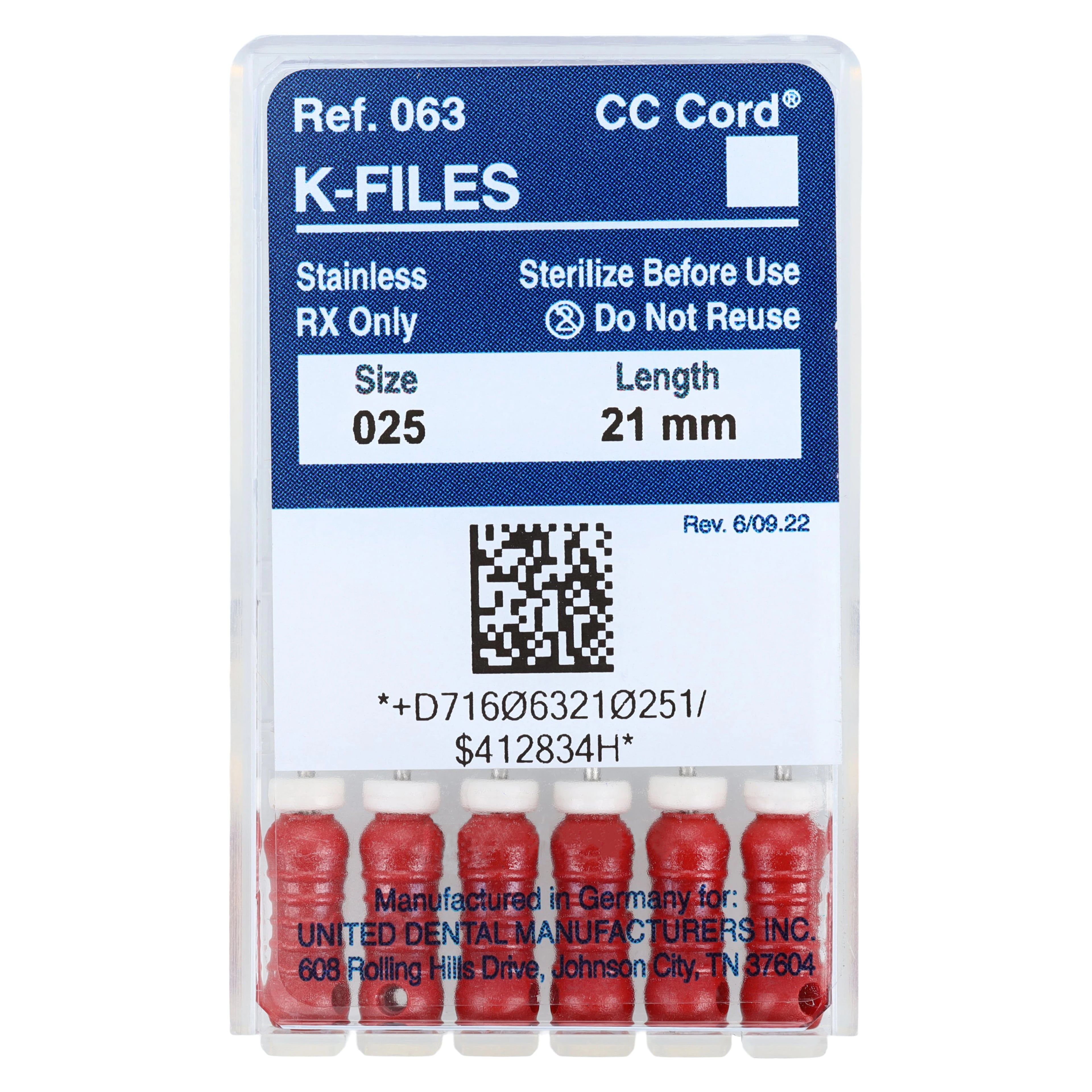 Roydent K-Type Files #25, 21mm, Pack of 6, 06321025R