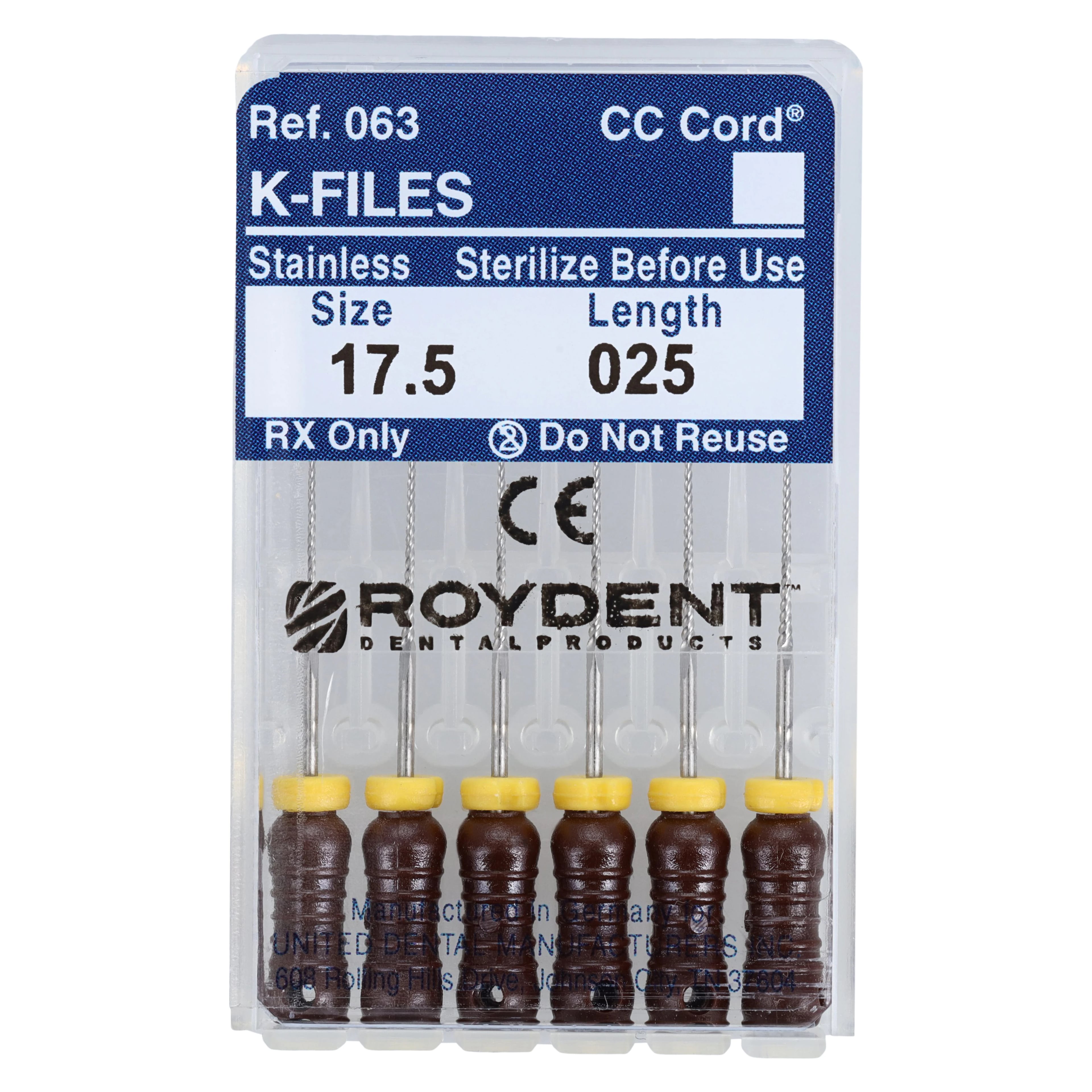 Roydent K-Type Files, 25mm, Size #17.5, Stainless Steel, Color-Coded Silicone Stops, 6/Pack, 06325017R
