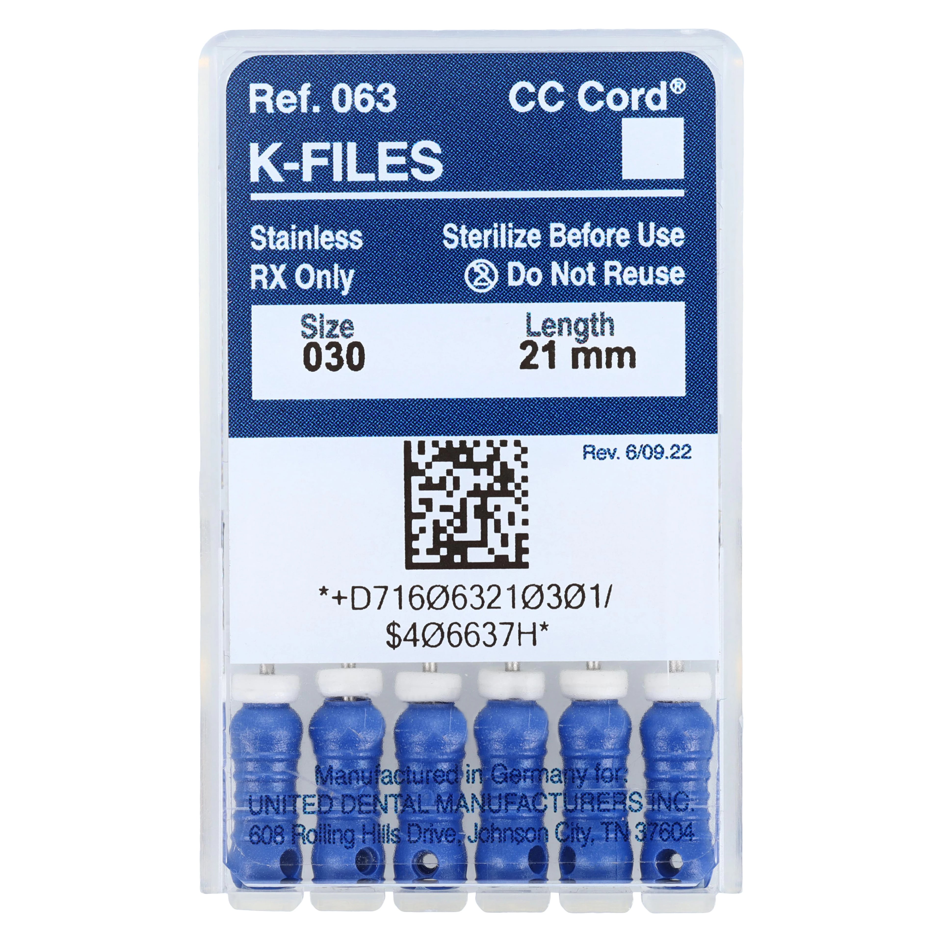 Roydent K-Type Files #30, 21mm, Pack of 6, Blue, 06321030R
