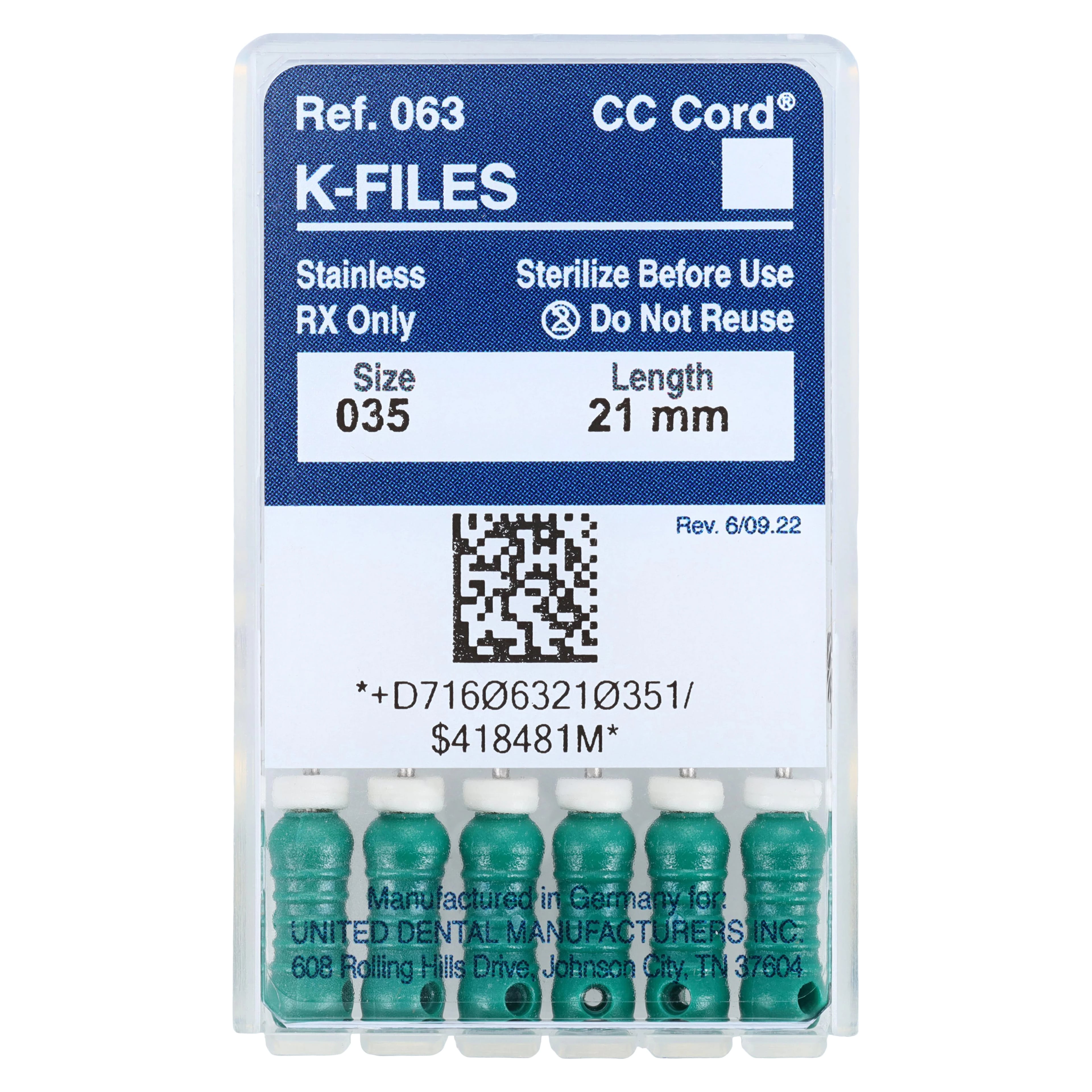 Roydent K-Type Files, #35 (Green), 21mm, Pack of 6, 06321035R