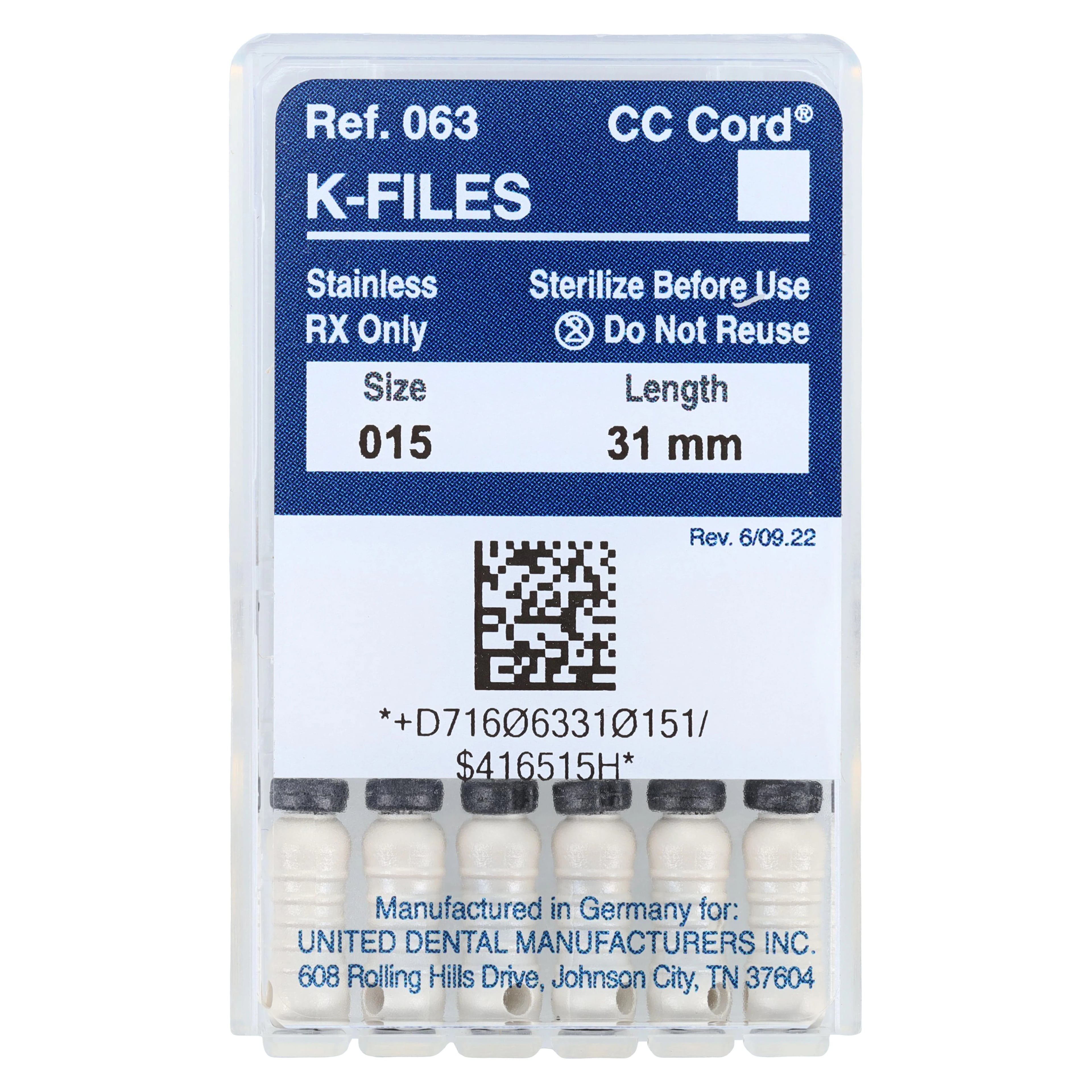 Roydent K-Type Files, Size #15, 31mm, Stainless Steel, Color-Coded White, 6/Pack, 06331015R