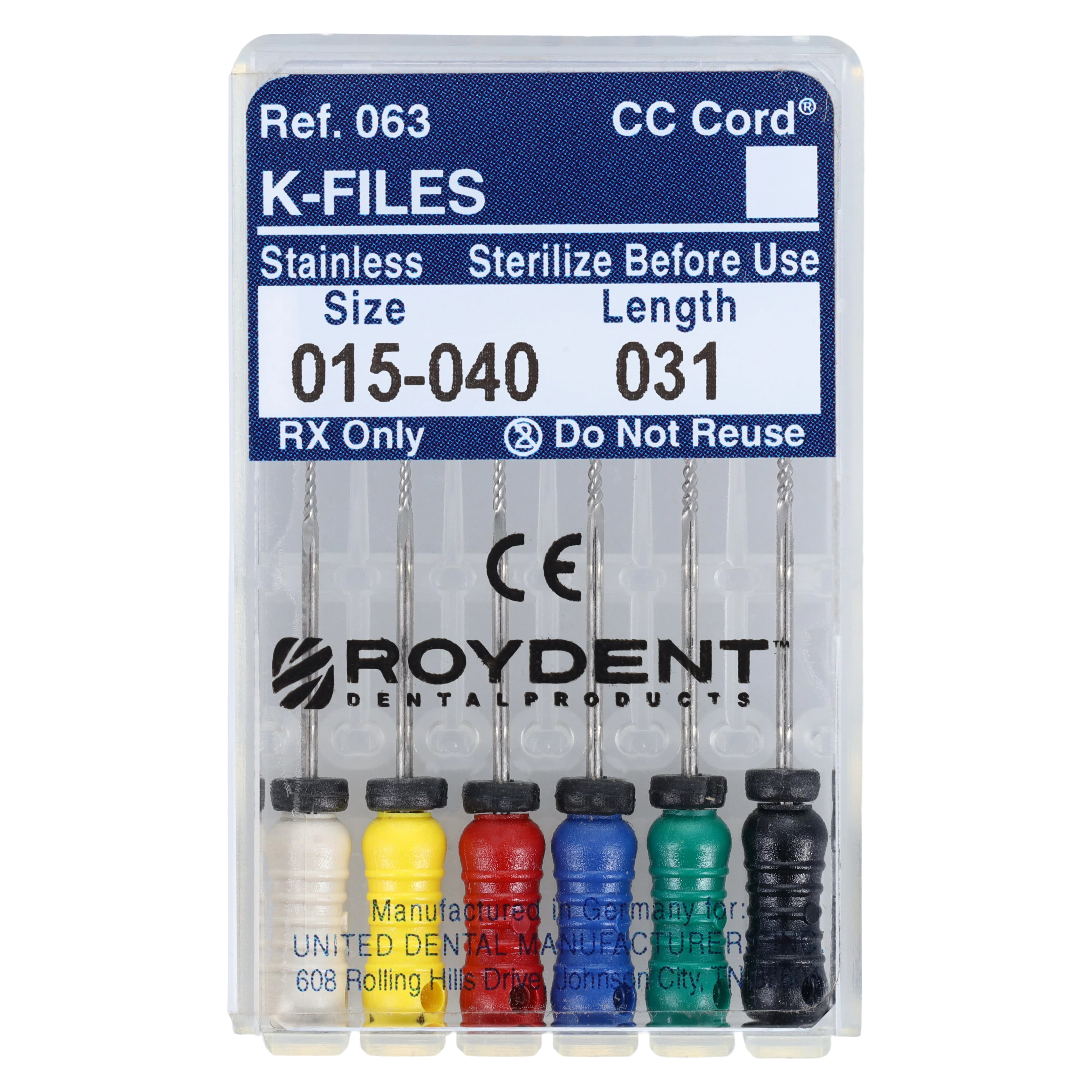 Roydent K-Type Files, 31mm, Assorted #15-40, Stainless Steel, 6/Pack, 06331160R