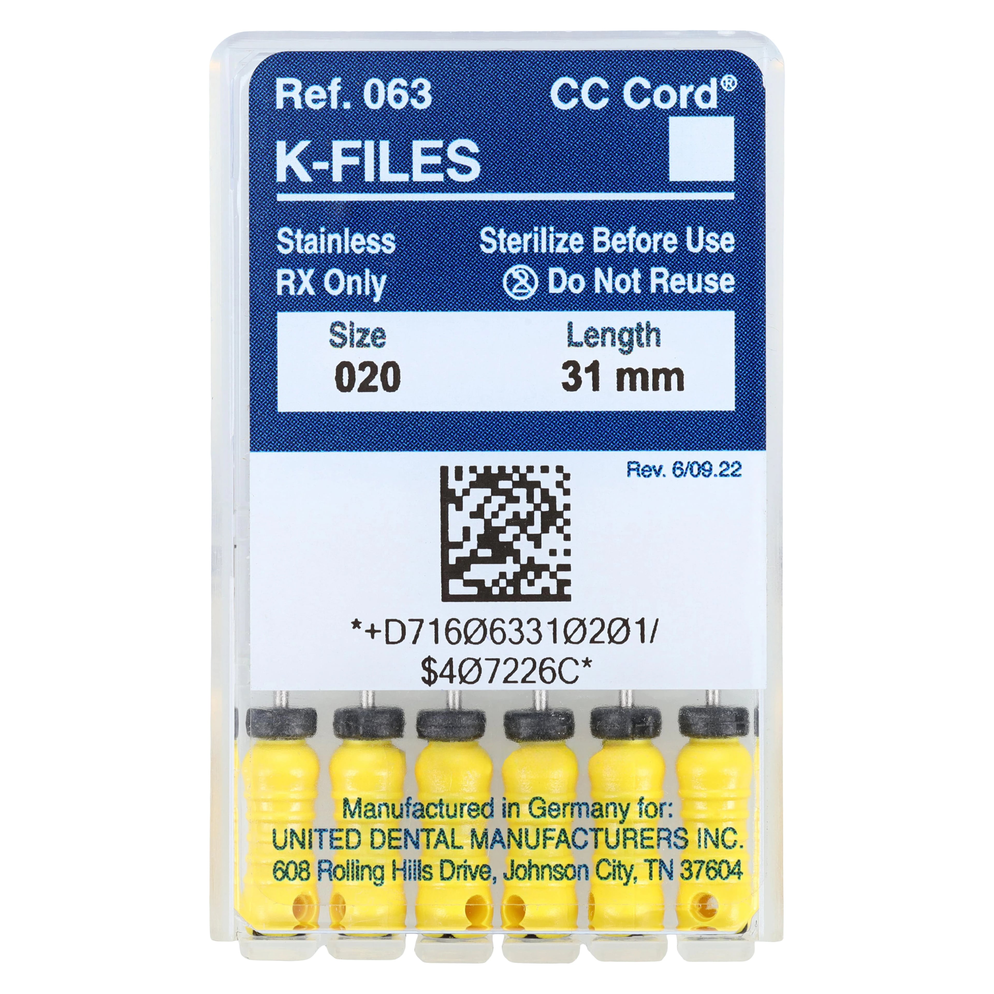 Roydent K-Type Files, Size #20, 31mm, Stainless Steel, Color-Coded Yellow, 6/Pack, 06331020R