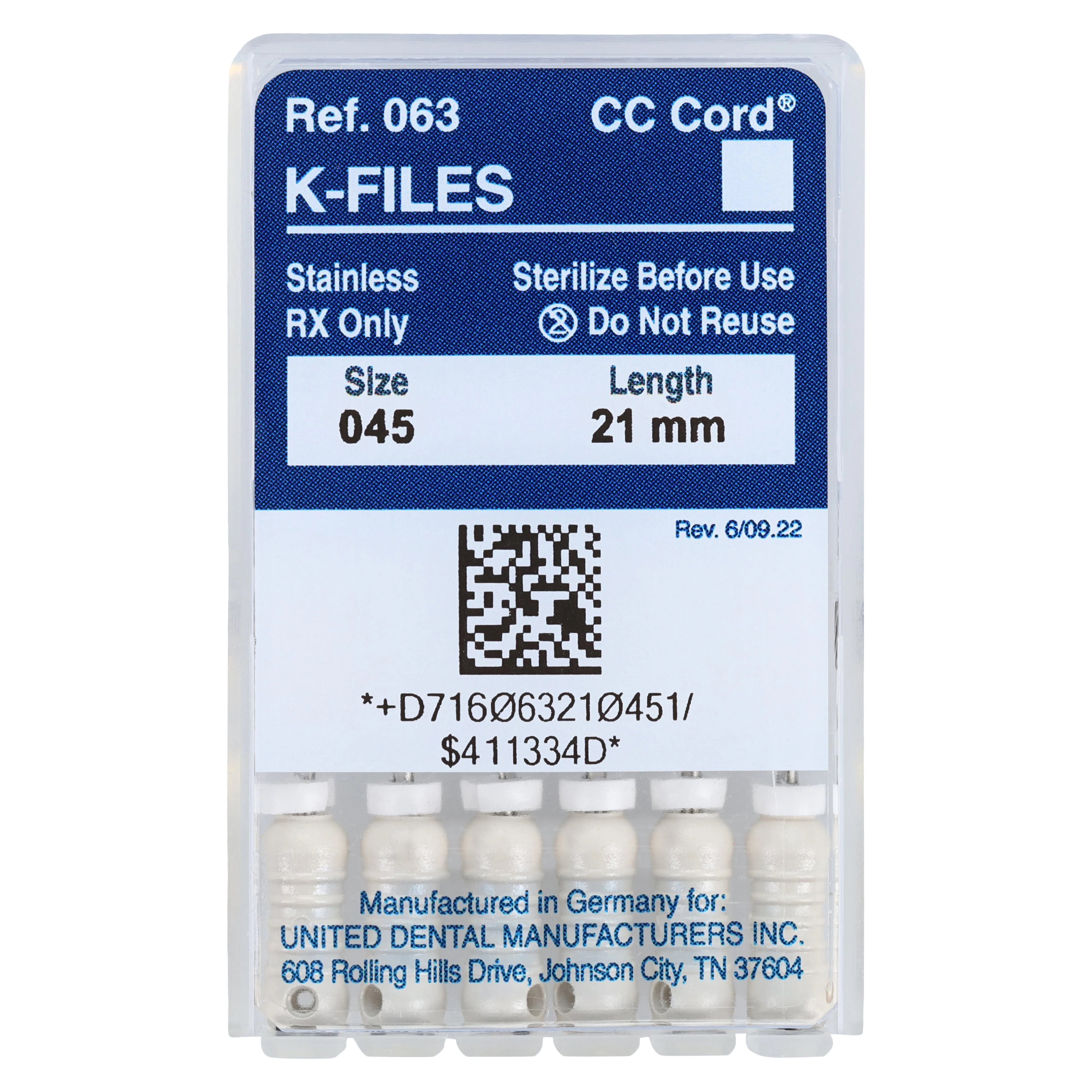 Roydent K-Type Files, Size #45, 21mm, Stainless Steel, White, 6/Pack, 06321045R