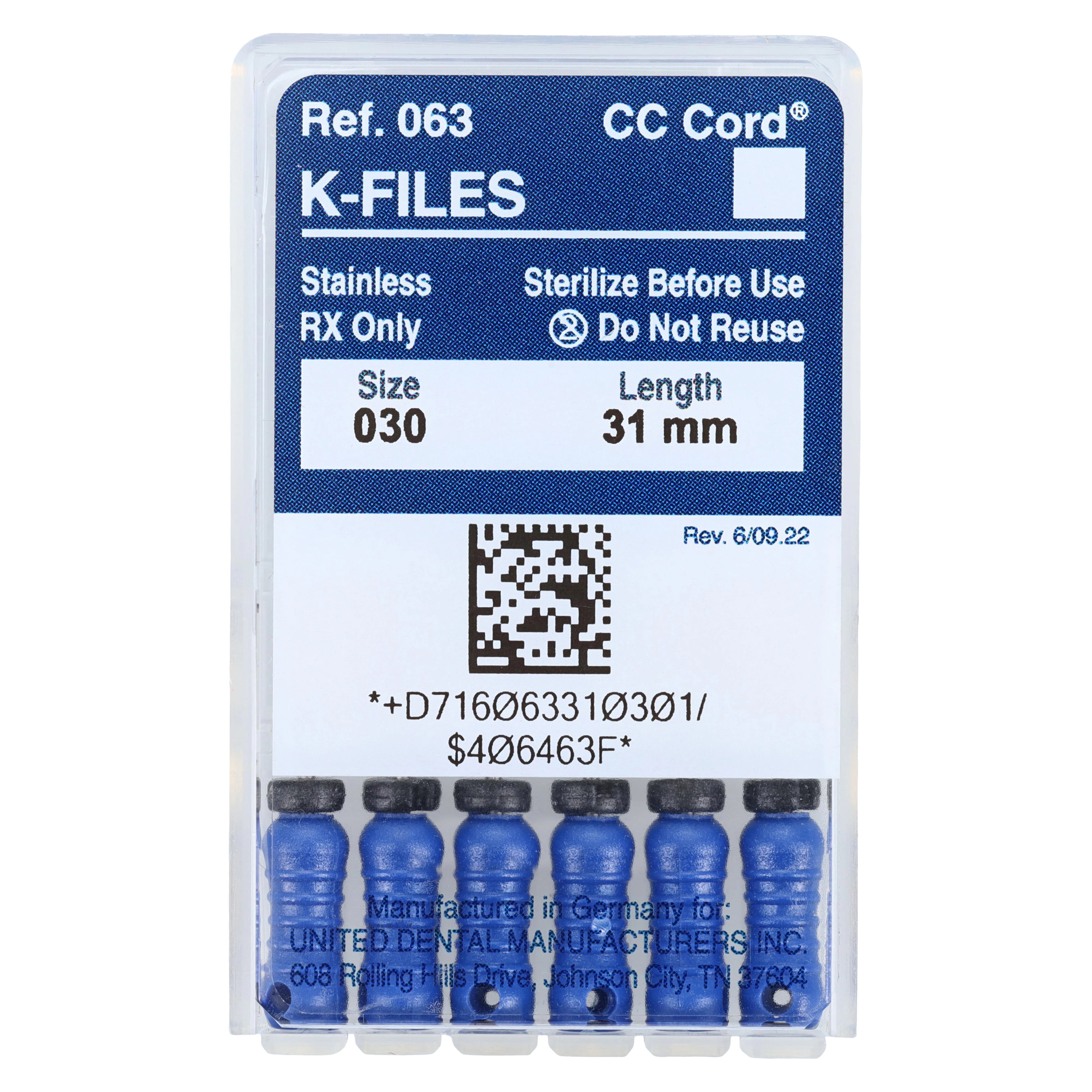Roydent K-Type Files, Size #30, 31mm, Stainless Steel, Color-Coded Blue, 6/Pack, 06331030R