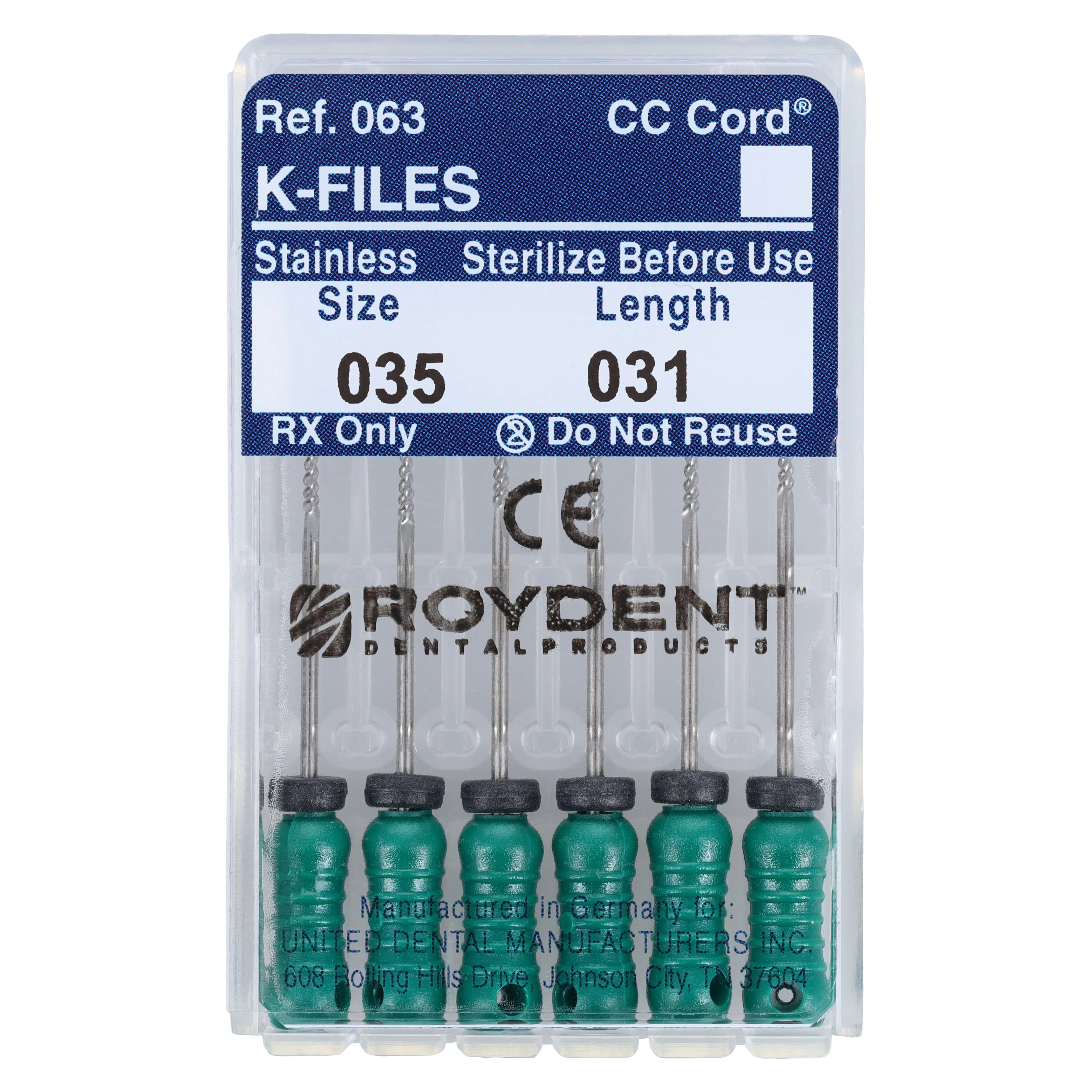Roydent K-Type Files, Size #35, 31mm, Stainless Steel, Color-Coded Green, 6/Pack, 06331035R