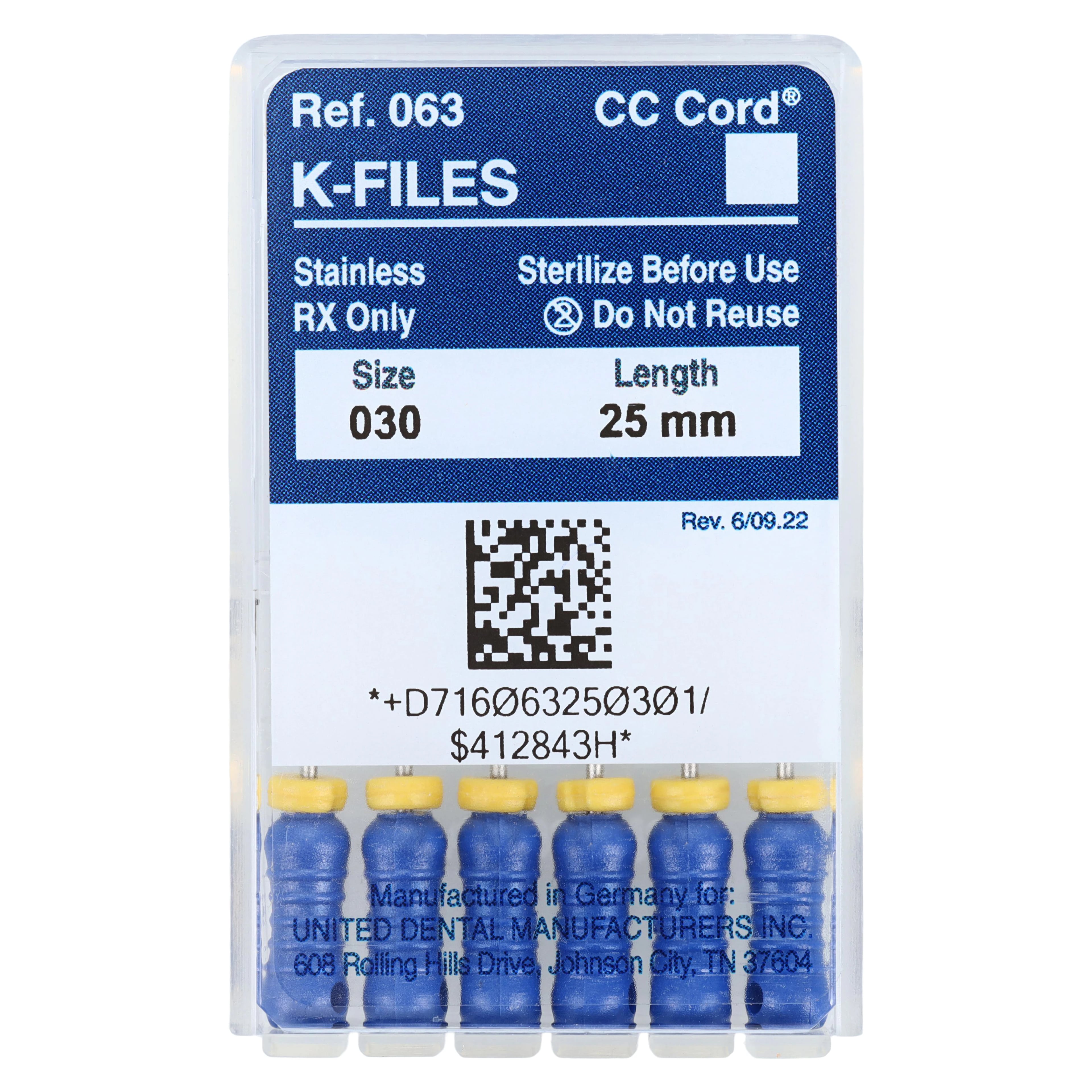 Roydent K-Type Files #30, 25mm, Pack of 6, Blue, 06325030R