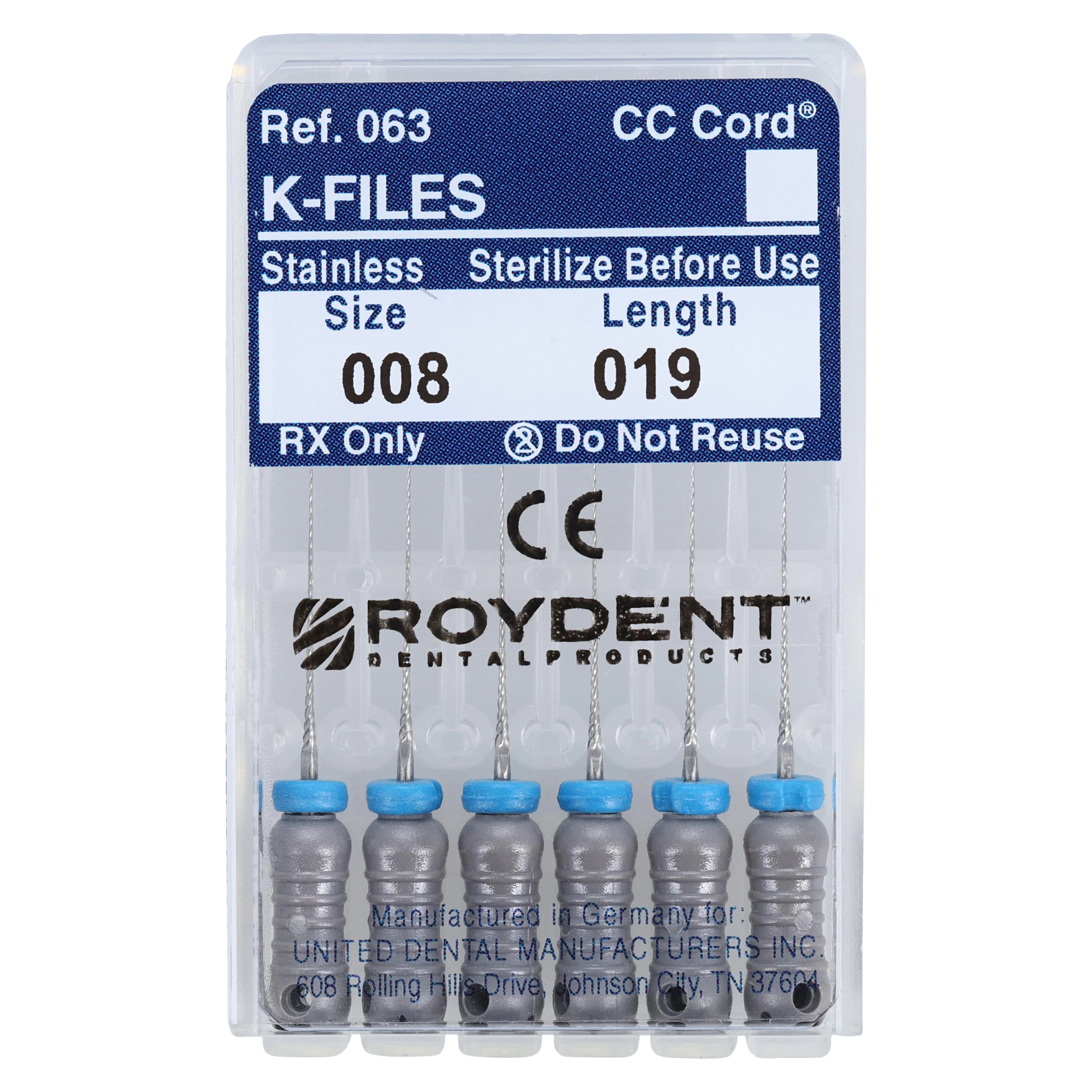 Roydent K-Type Files, Size #08 (Gray), 19mm, Pack of 6, 06319008R