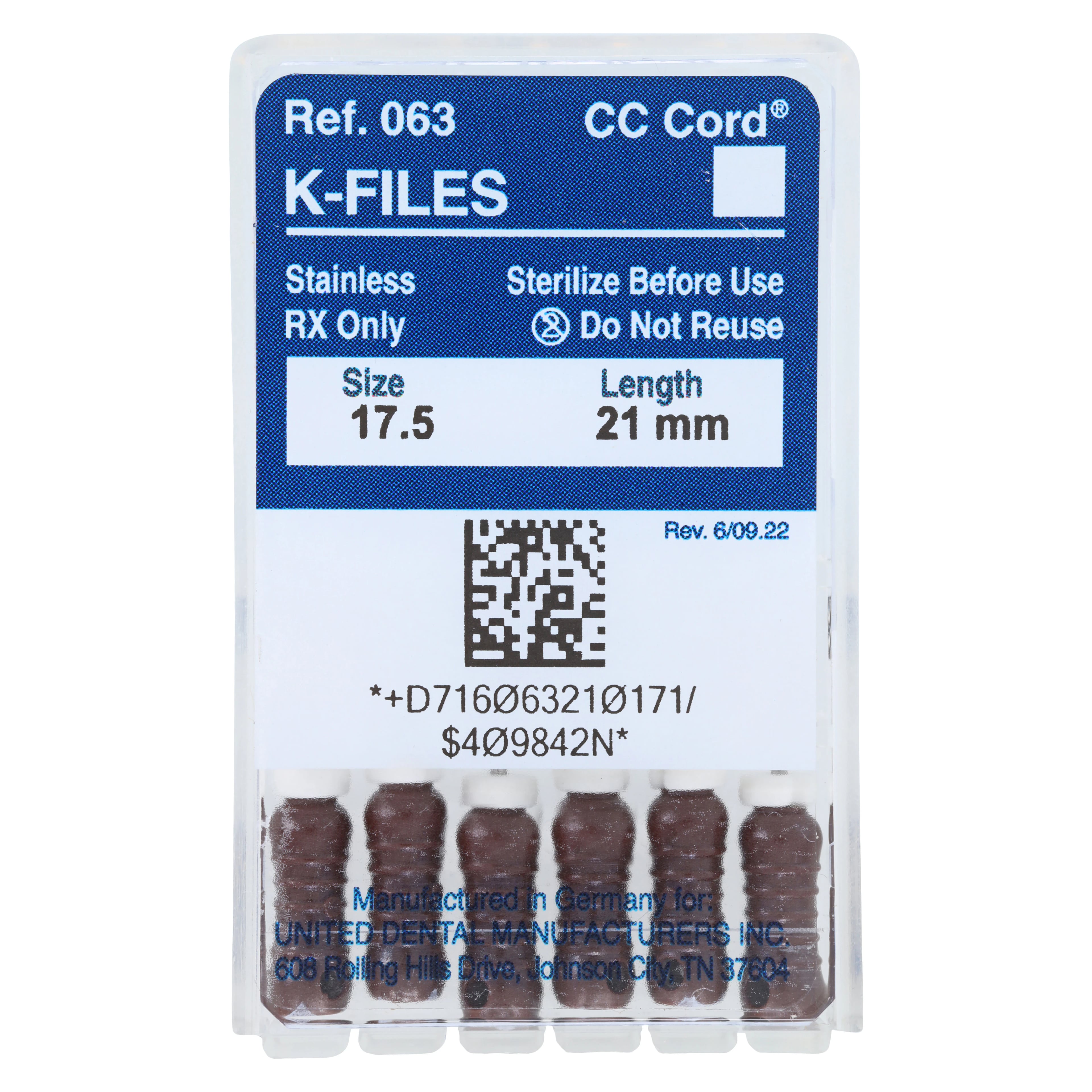 Roydent K-Type Files, 21mm, Size #17.5, Stainless Steel, 6/Pack, 06321017R