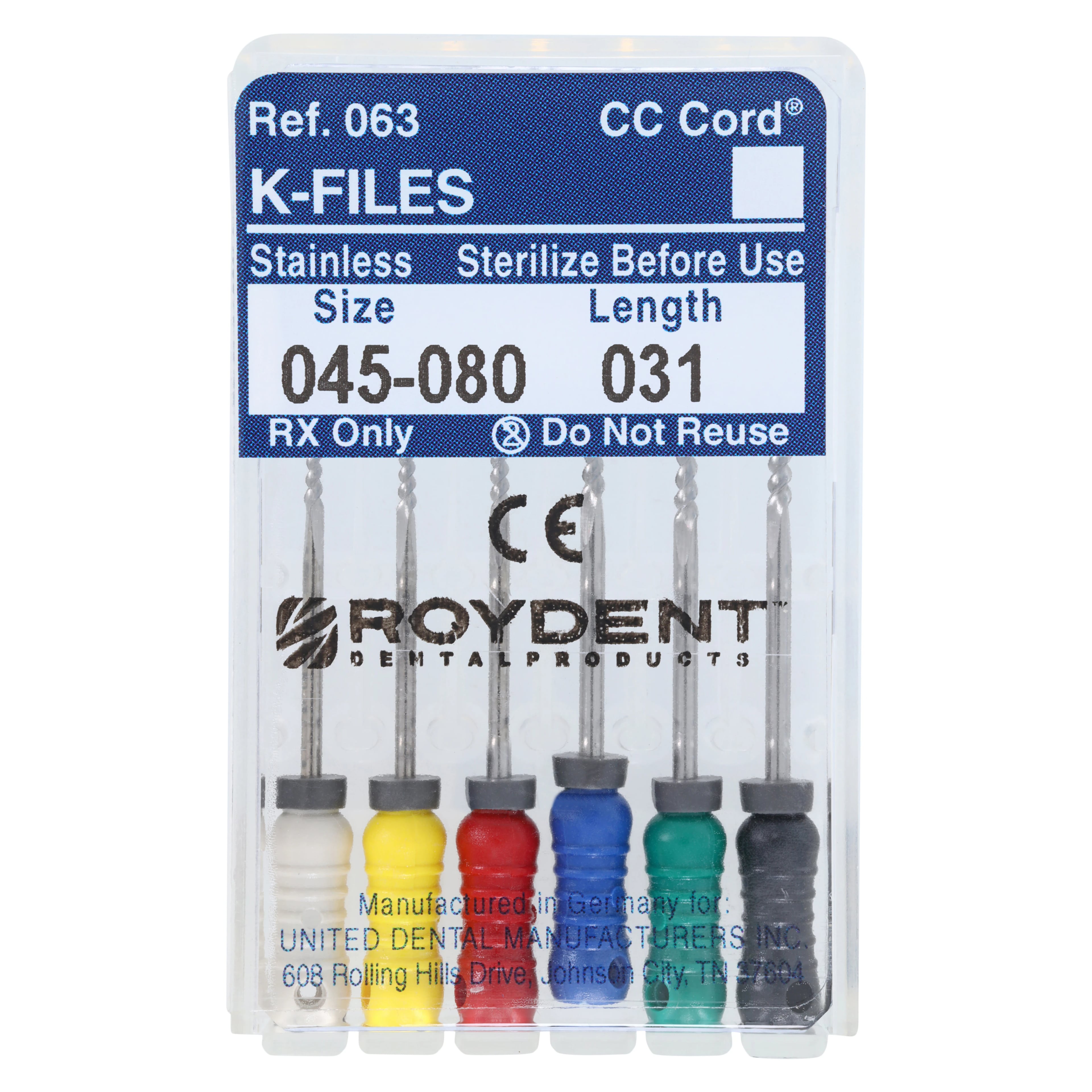 Roydent K-Type Files, Stainless Steel, 31mm, Assorted #45-80, 6/Pack, 06331165R
