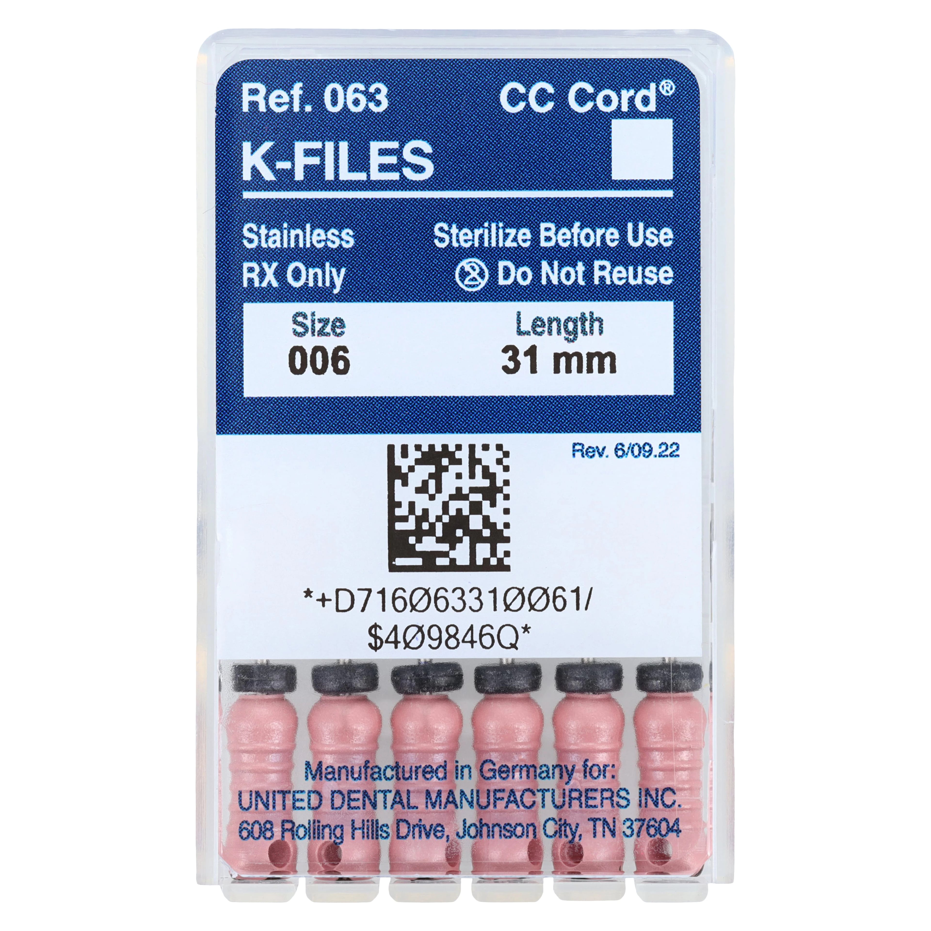 Roydent K-Type Files, Size #06, 31mm, Stainless Steel, Color-Coded Pink, 6/Pack, 06331006R
