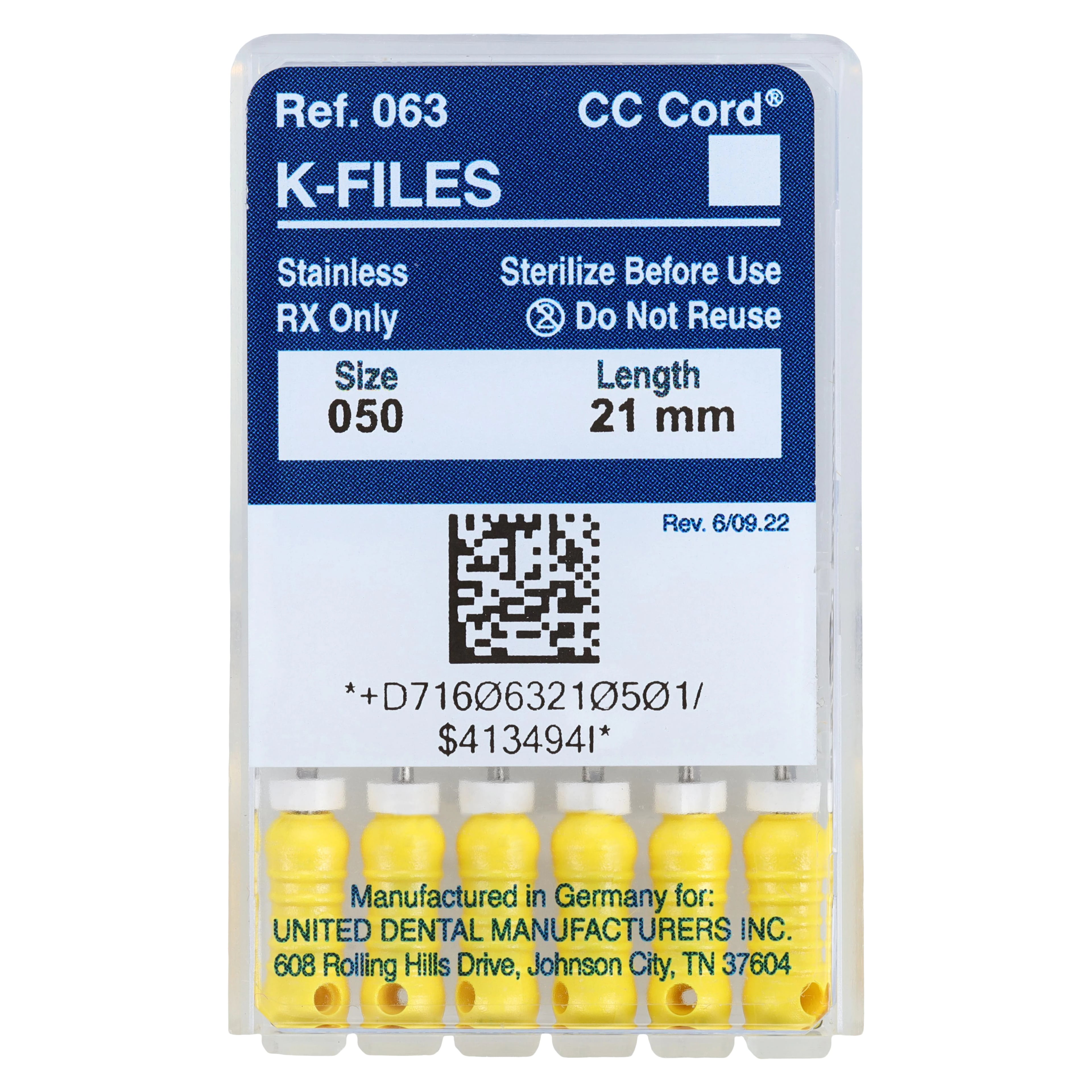 Roydent K-Type Files, Size 50, 21 mm, Yellow, Stainless Steel, 6/Pack, 06321050R