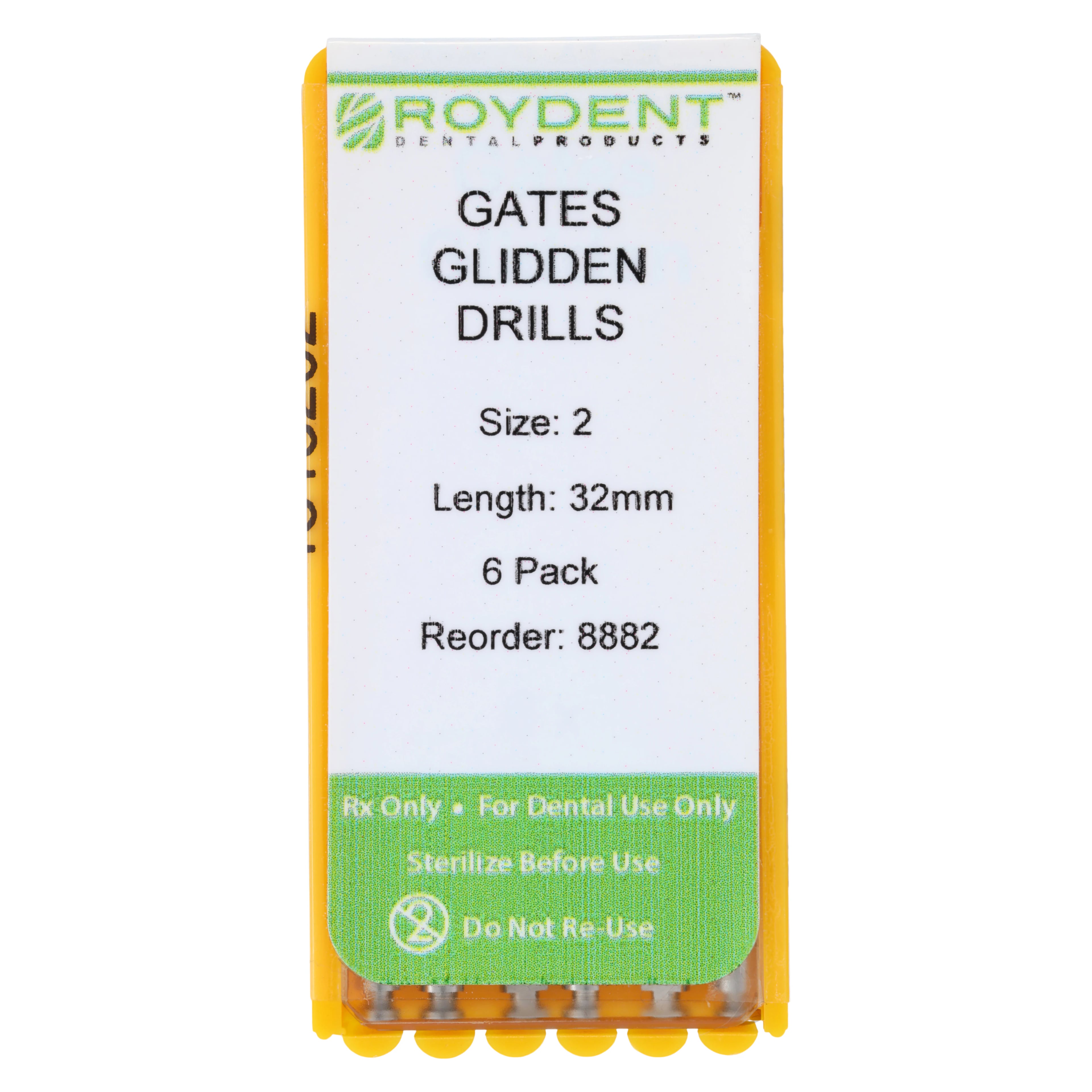 Gates Glidden Drills, 32mm, Size #2, Stainless Steel, 6/Pkg, Roydent Dental Products