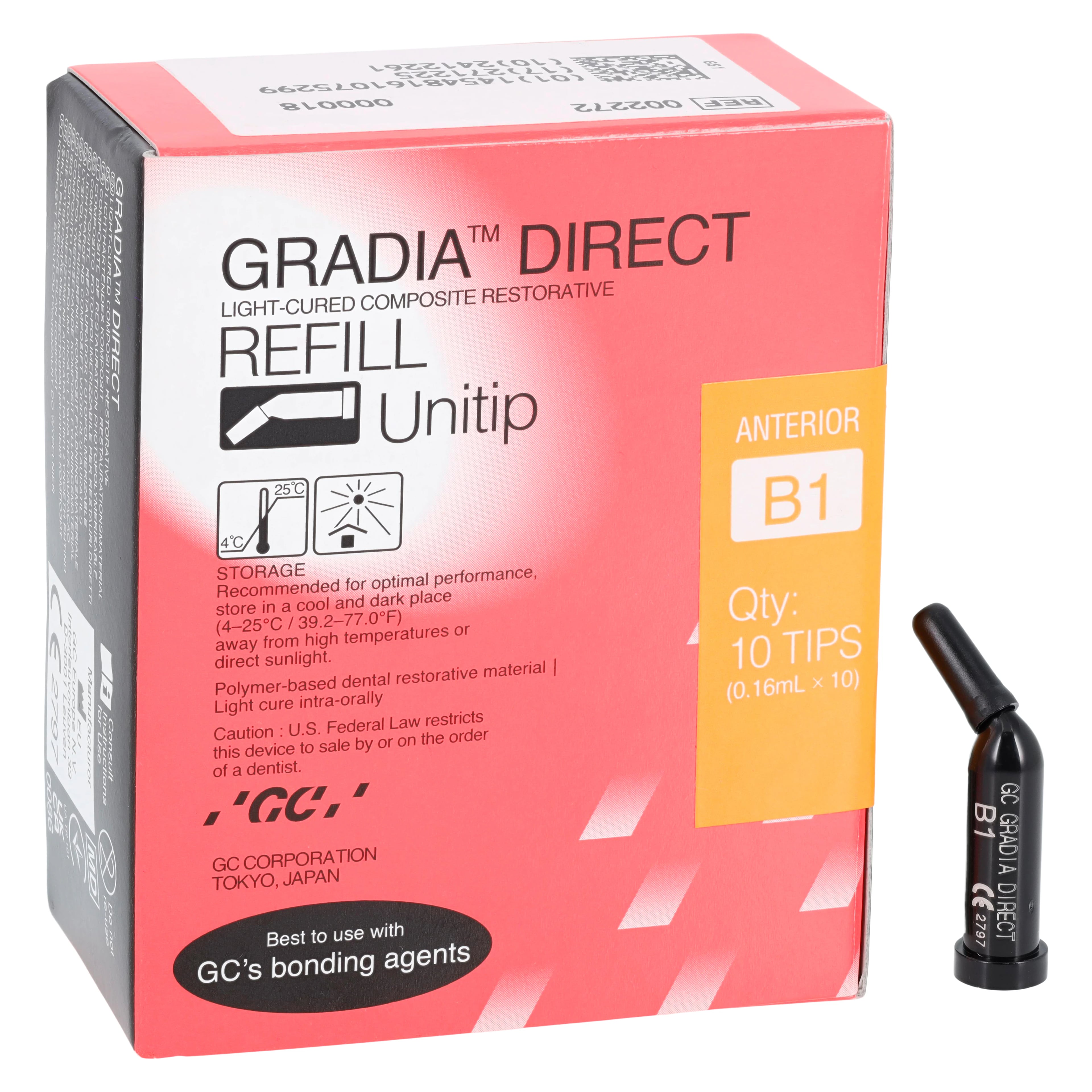 GC America Gradia Direct Light-Cured Micro-Filled Hybrid Resin Composite, Unitip Refill, Shade B1, 0.16 ml, 10/Pk, 002272